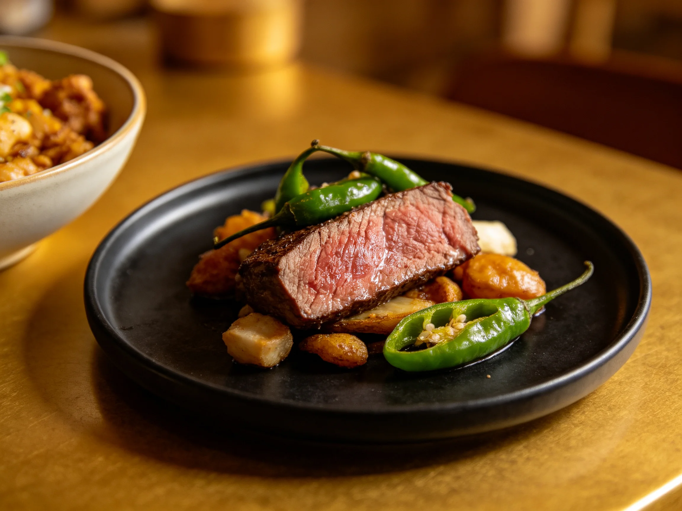 A juicy steak with green peppers and roasted sides on a black plate