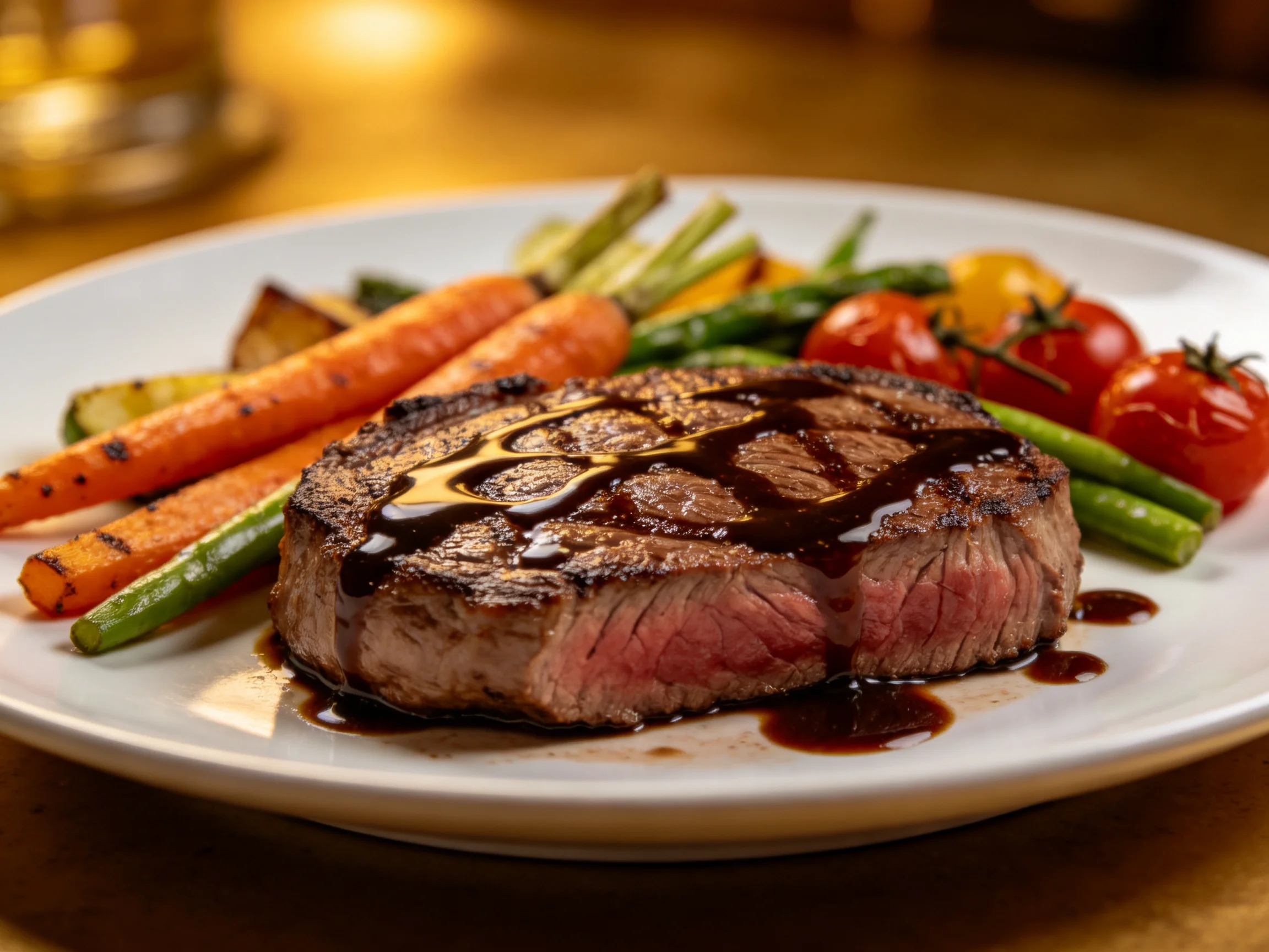 A juicy steak with grilled vegetables and dark sauce on a white plate