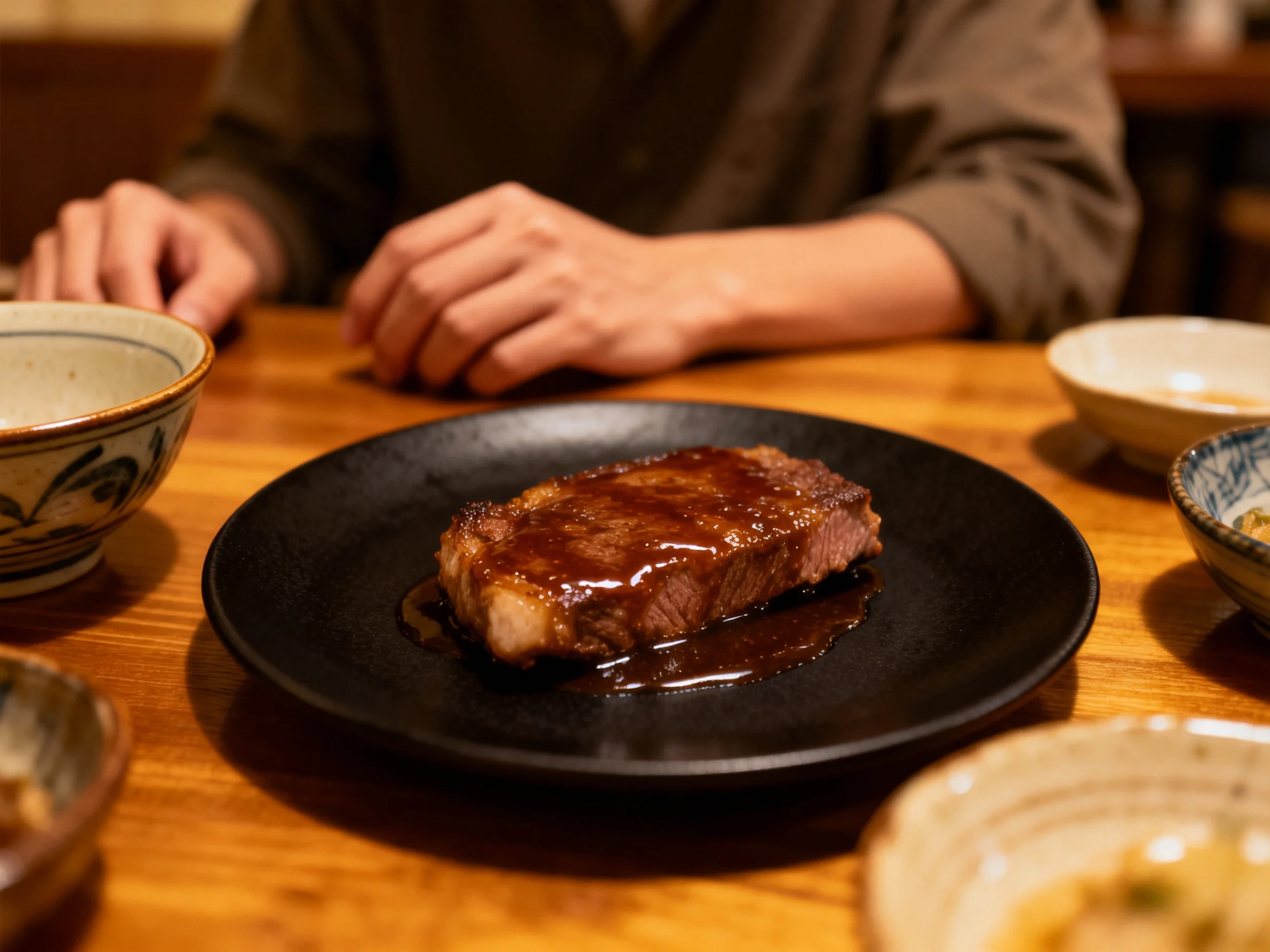 A juicy steak with sauce is served on a black plate among ceramic dishes.