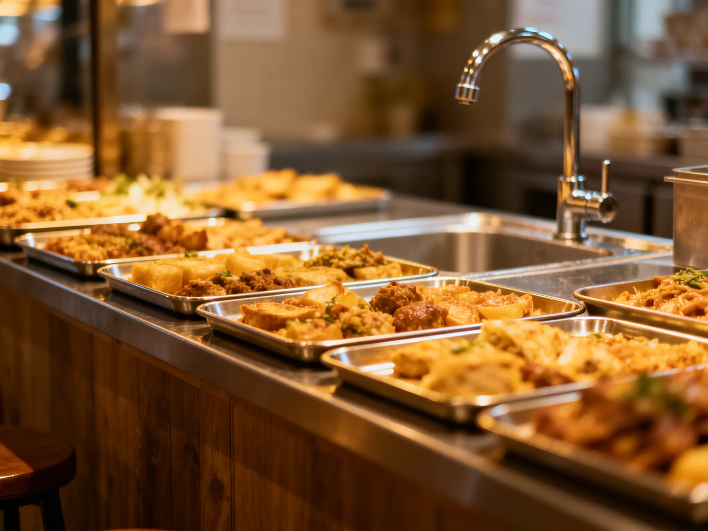 A kitchen buffet with multiple metal trays of assorted foods near a sink