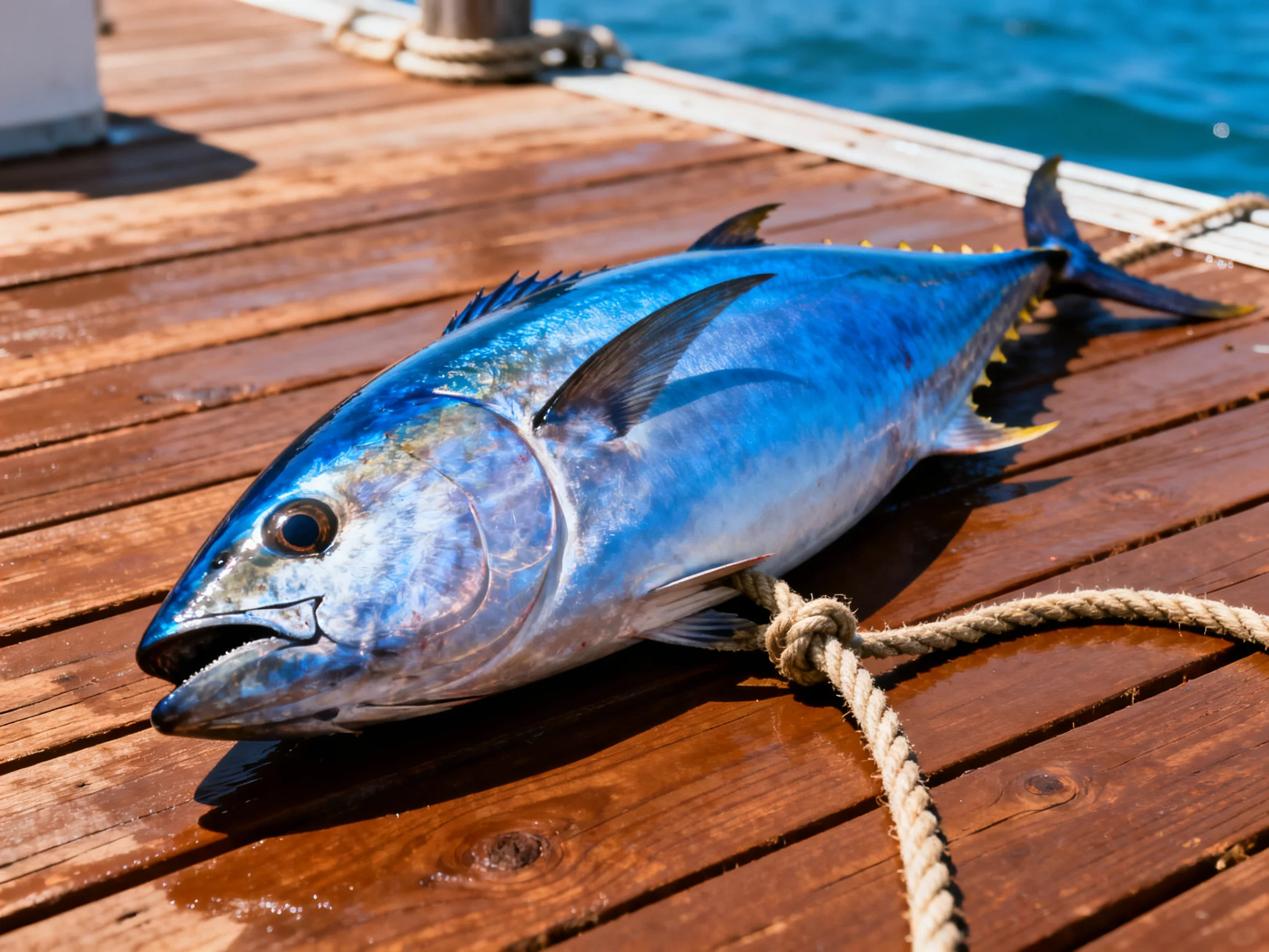 A large blue tuna rests on a wooden dock by the water
