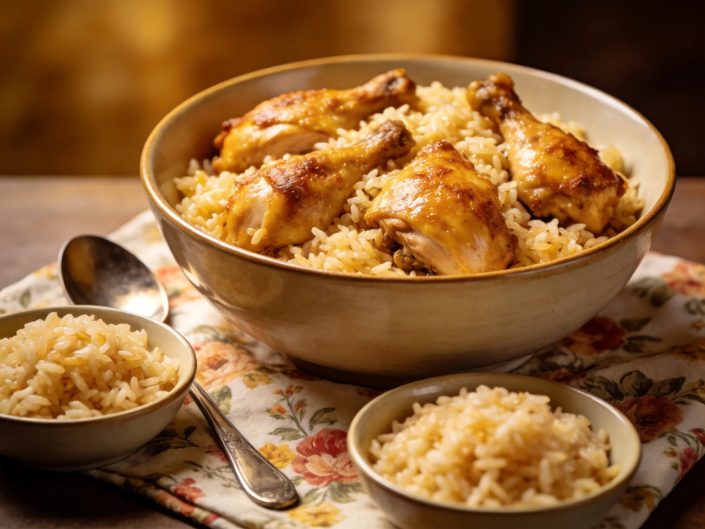 A large bowl of golden-brown chicken and rice with smaller side portions