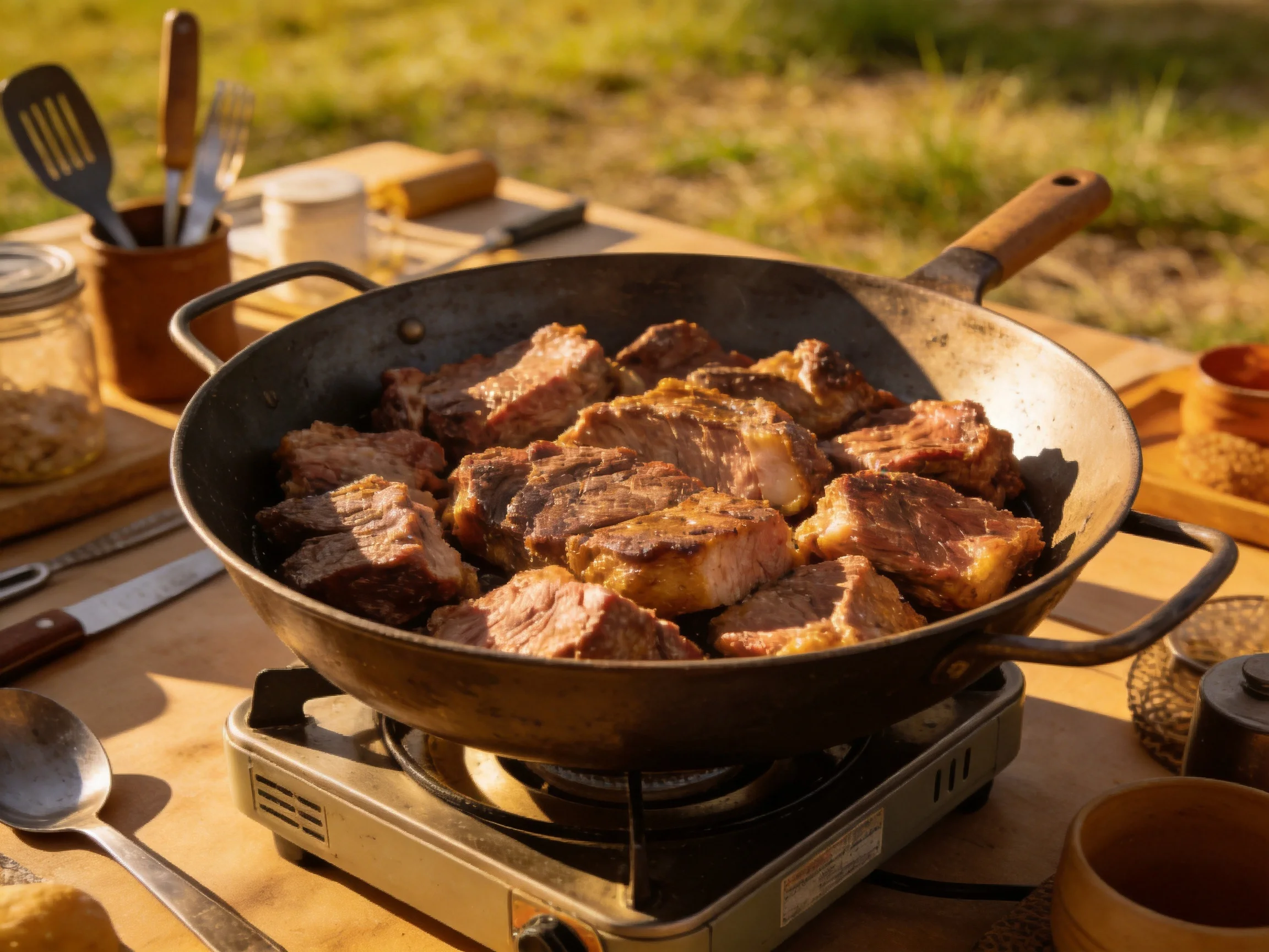 A large cast - iron pan with browned meat cooking outdoors