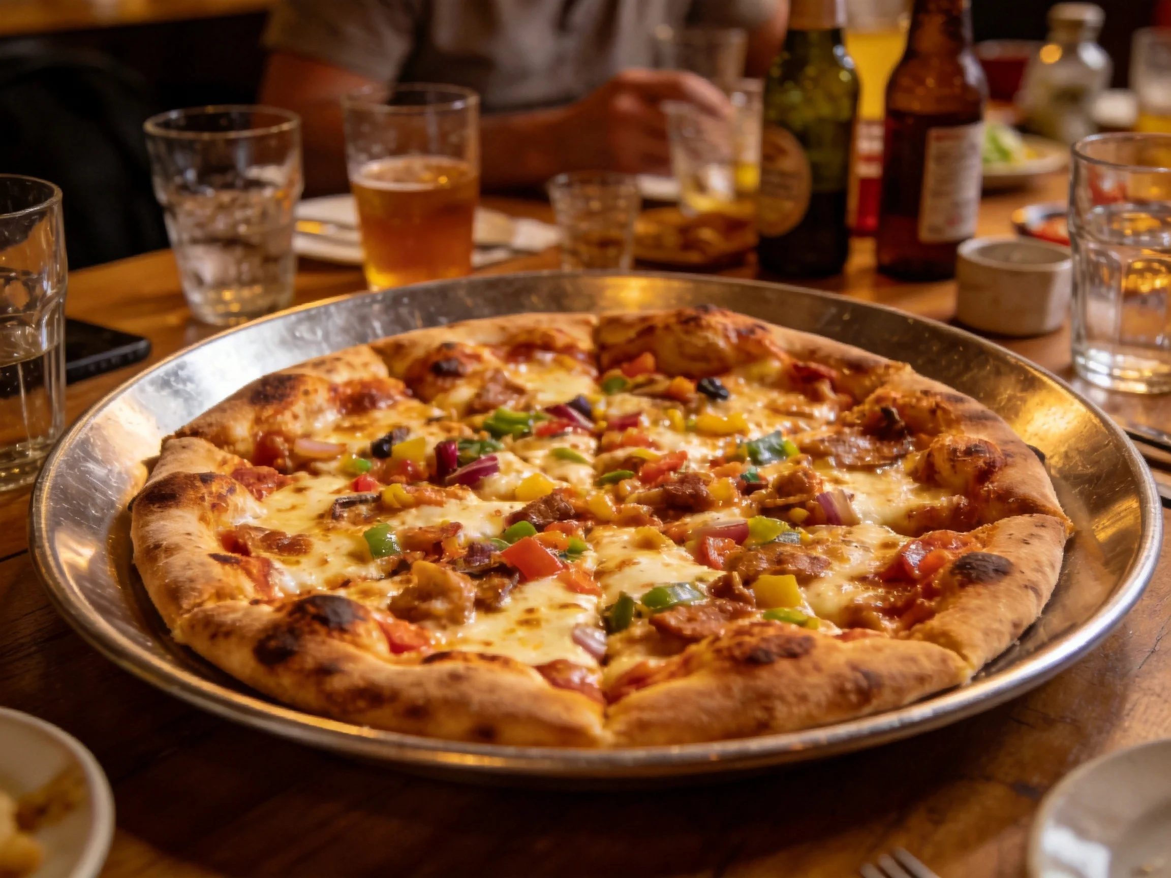 A large cheese - topped pizza sits on a metal tray in a cozy restaurant.