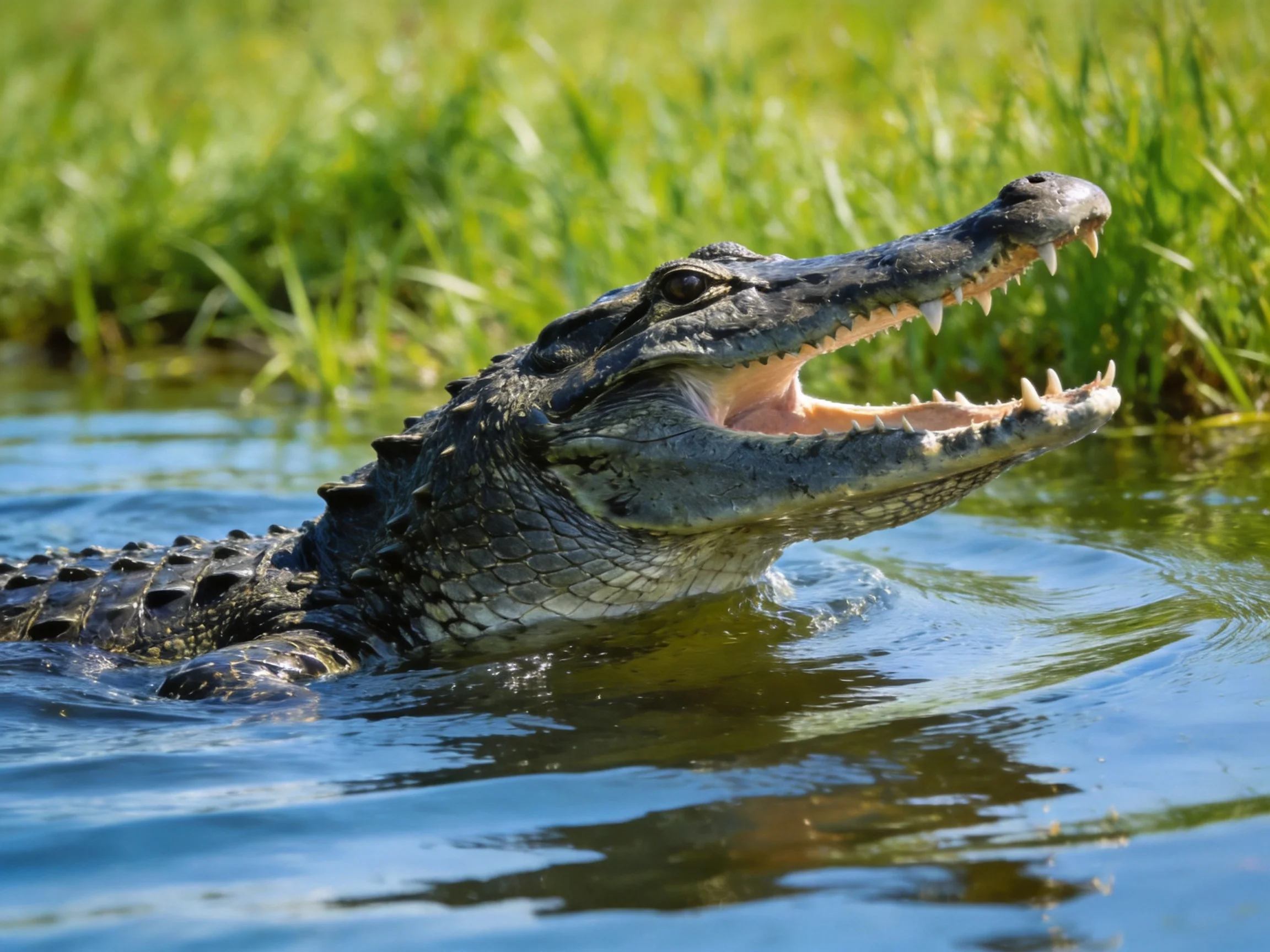 A large dark gray alligator emerges from calm blue water near lush green grass