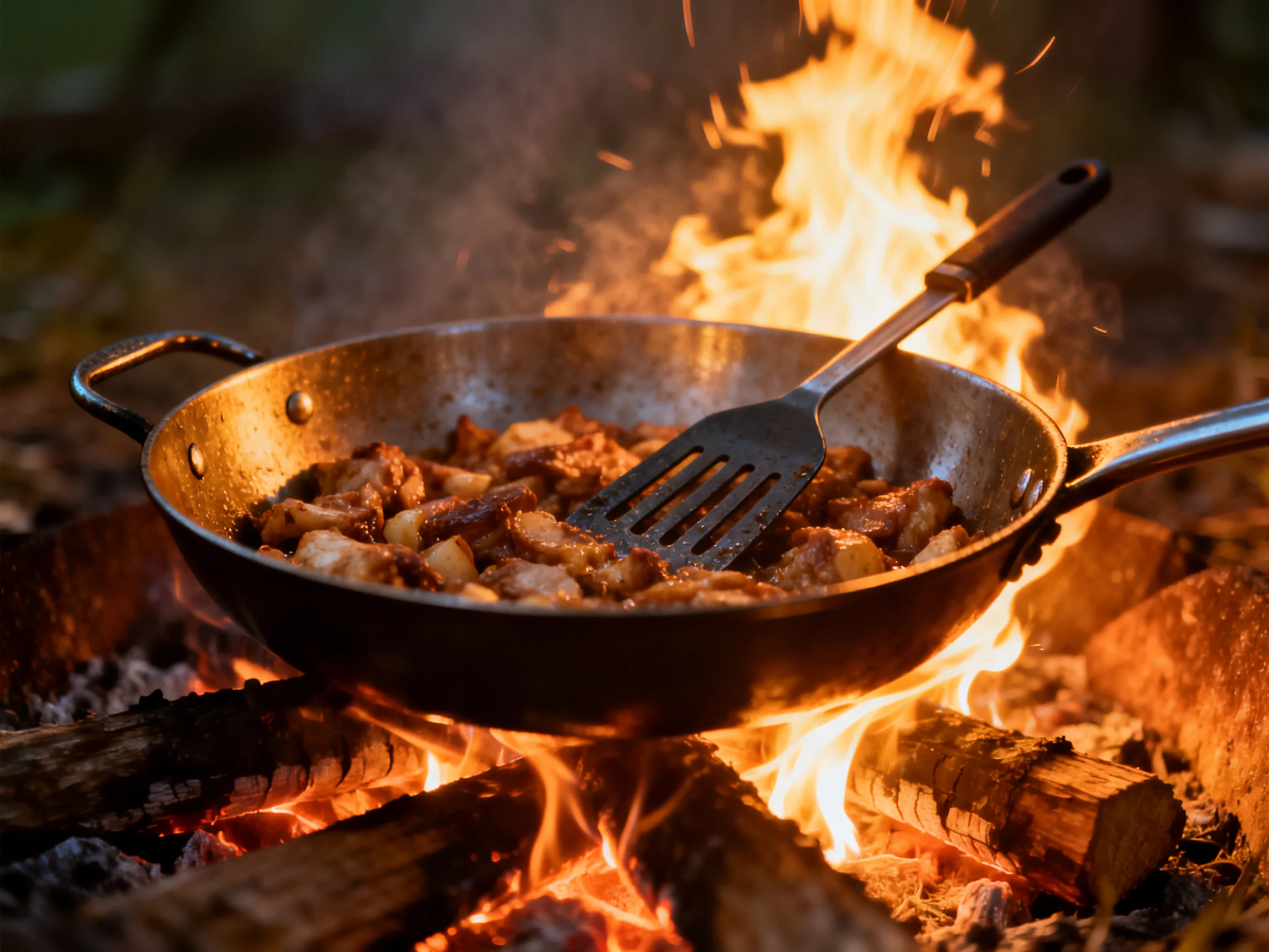 A large metal pan cooks savory food over a blazing campfire