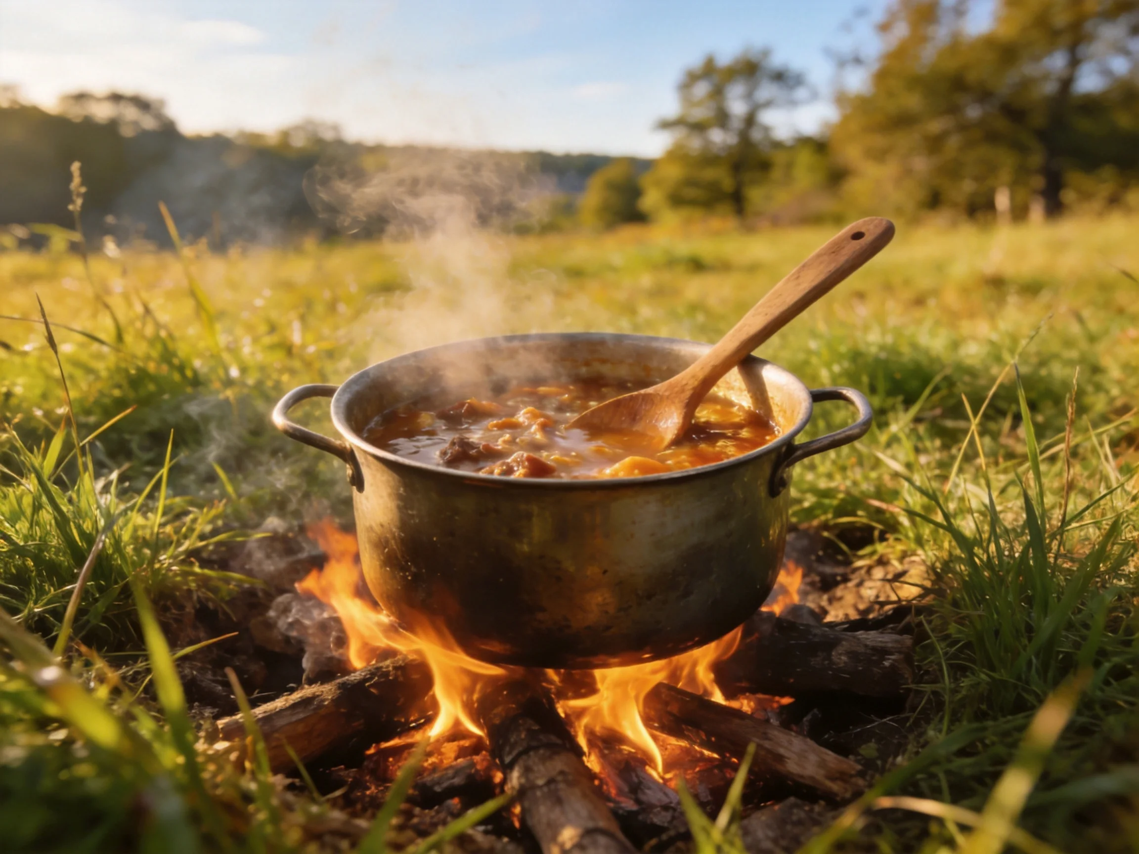 A large metal pot cooks stew over an open campfire outdoors