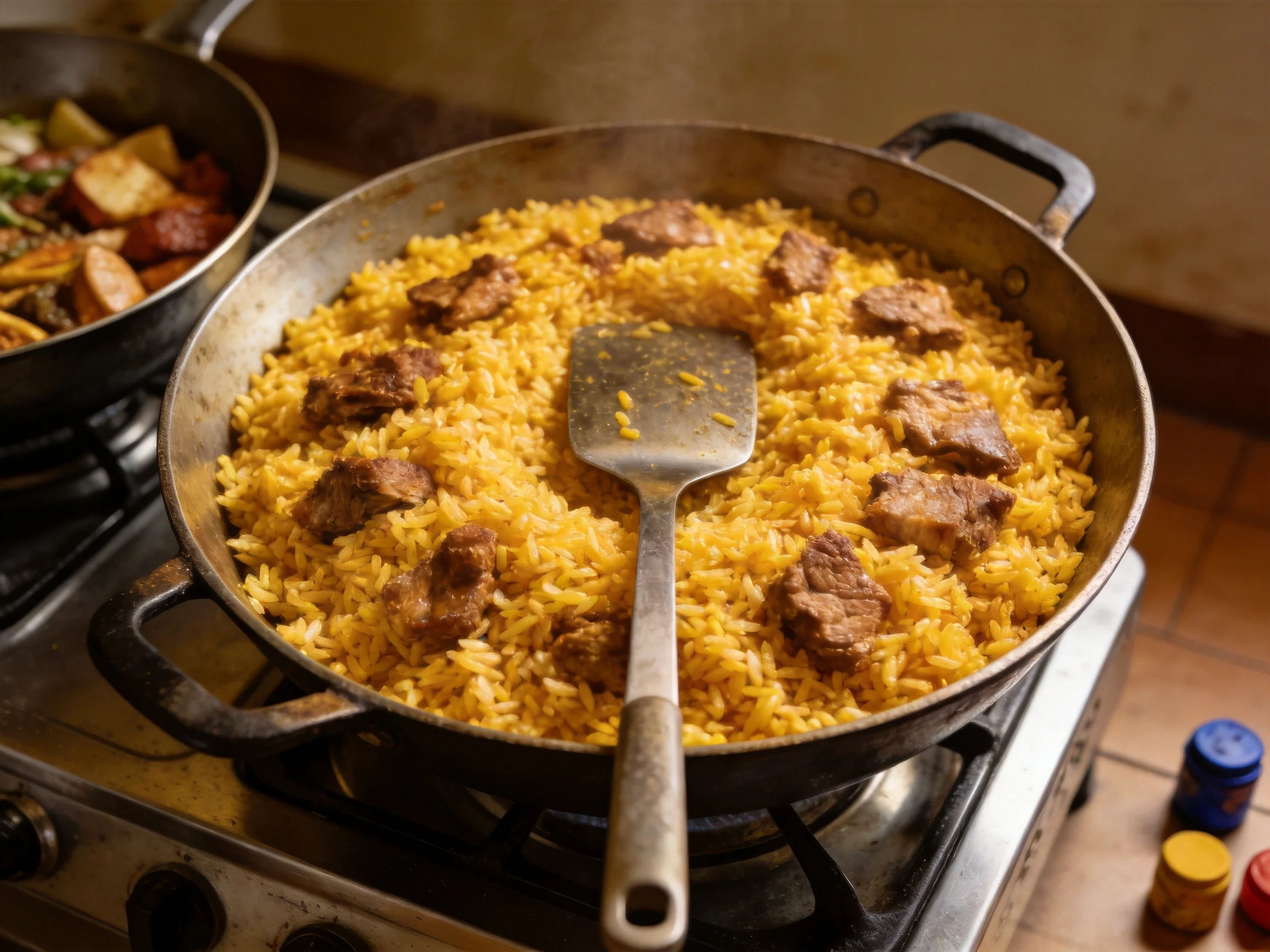 A large pan of golden rice with brown meat chunks on a gas stove
