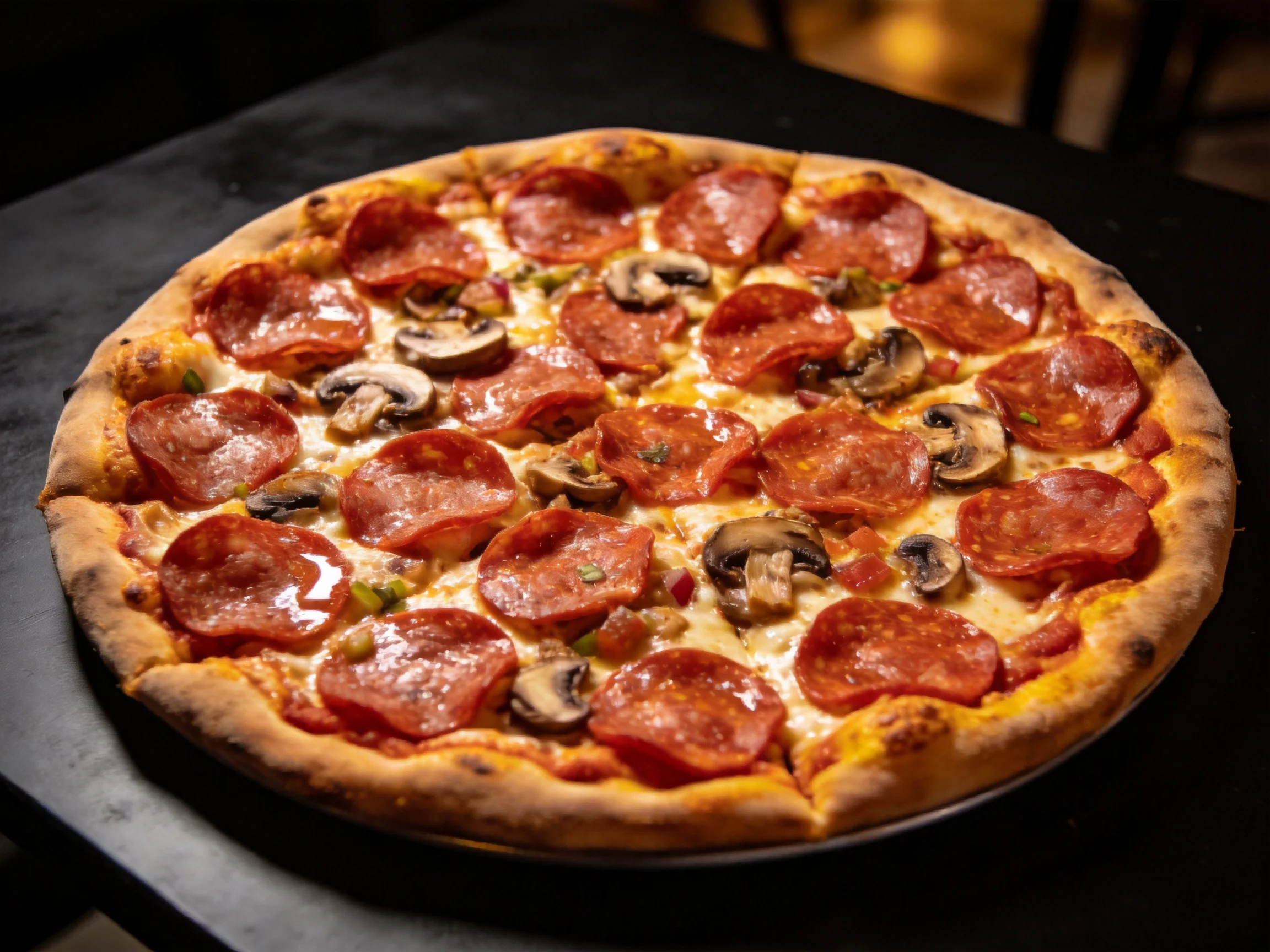 A large pepperoni and mushroom pizza with golden-brown crust