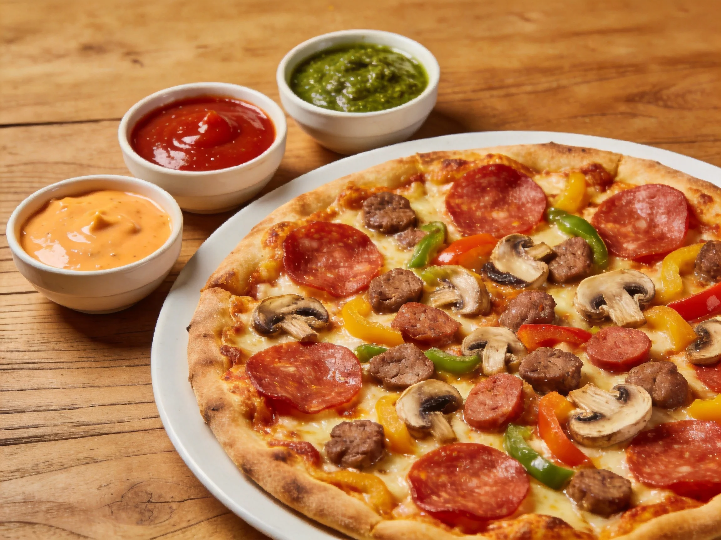 A large pepperoni and sausage pizza with three colorful sauce bowls