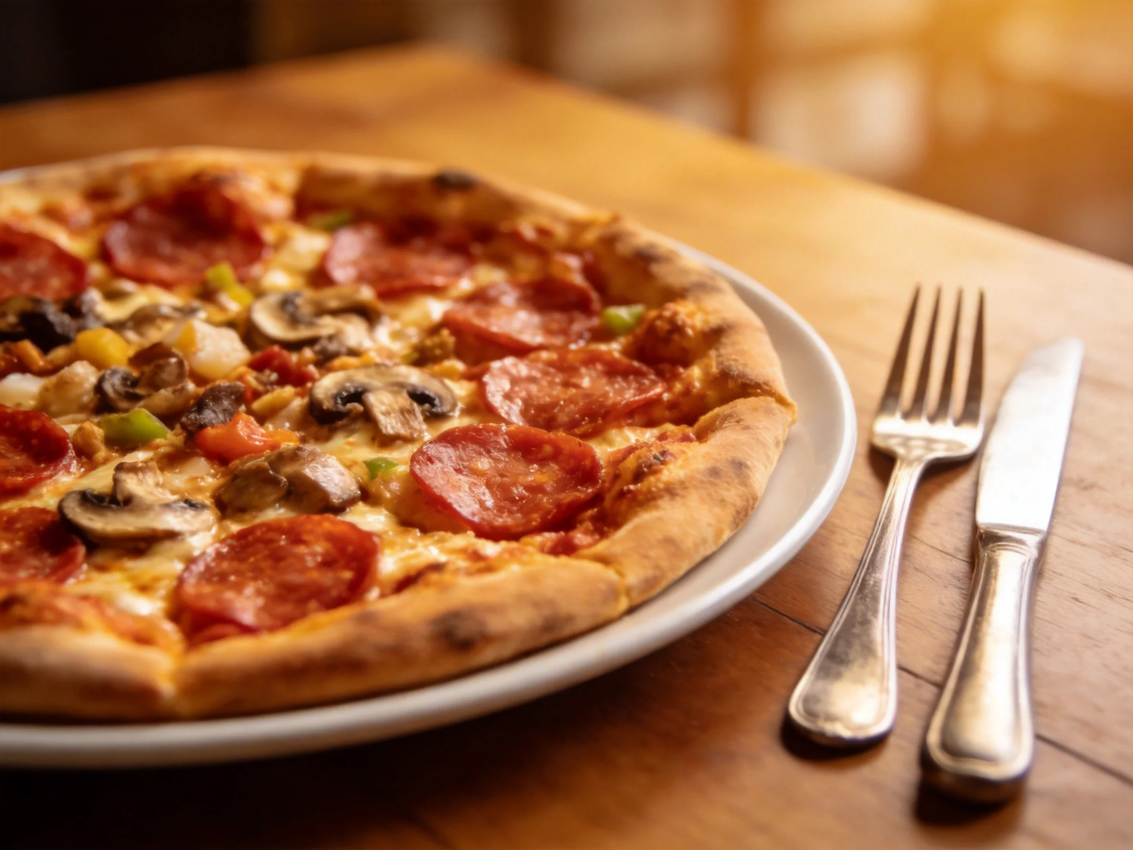 A large pepperoni and veggie pizza sits on a white plate beside silverware