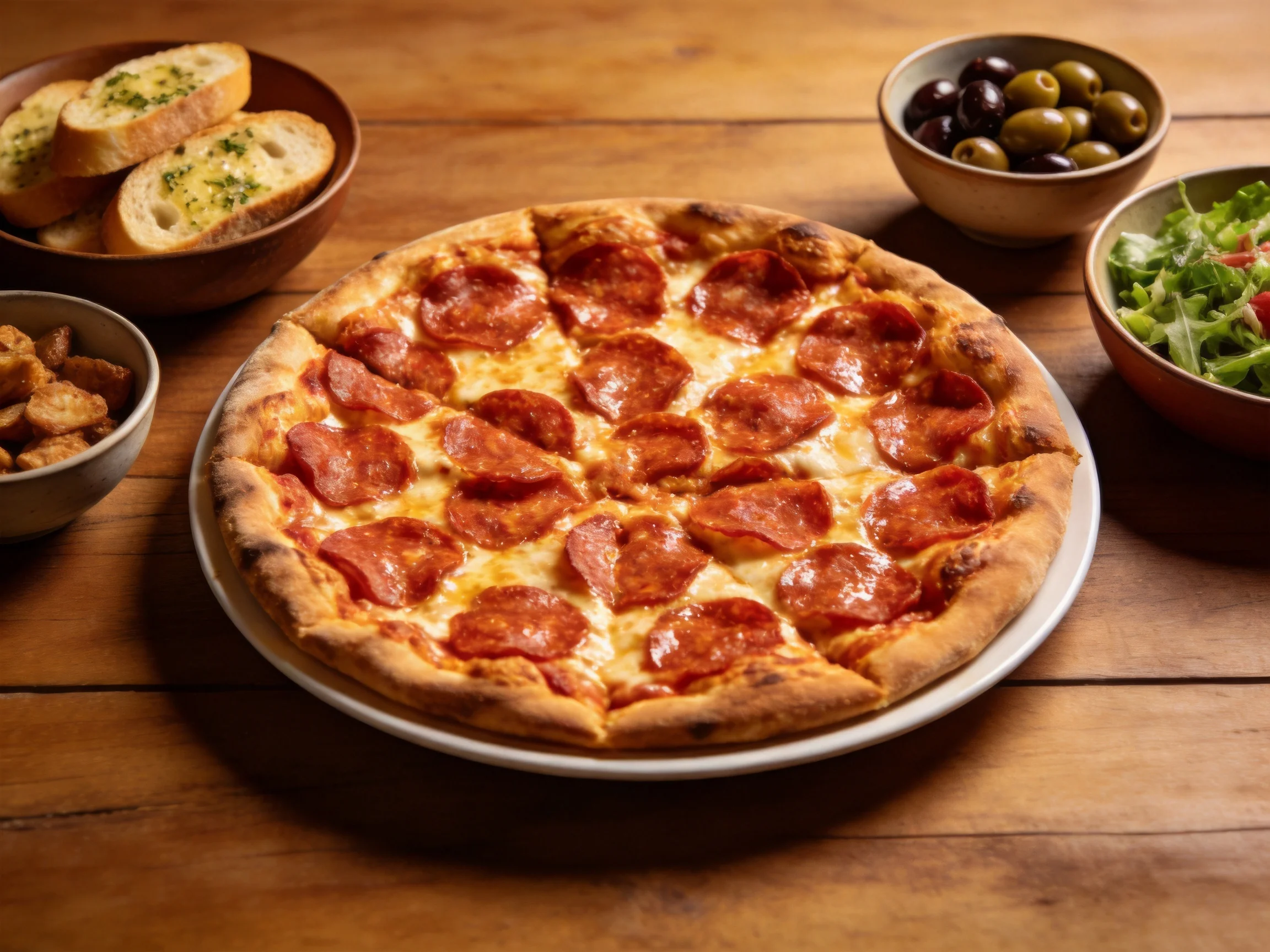 A large pepperoni pizza with garlic bread, olives, and salad on a wooden table