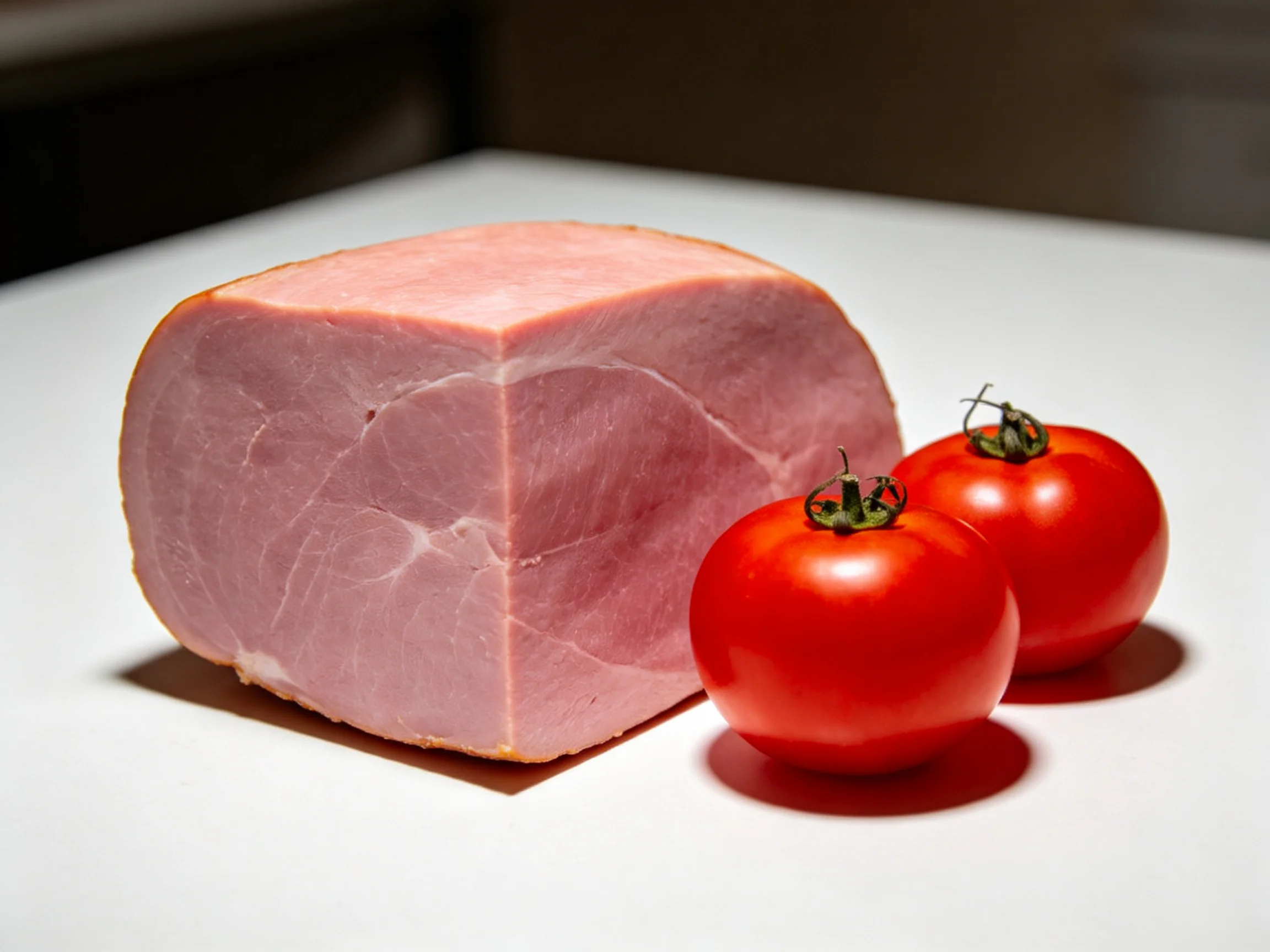 A large pink ham beside two glossy red tomatoes