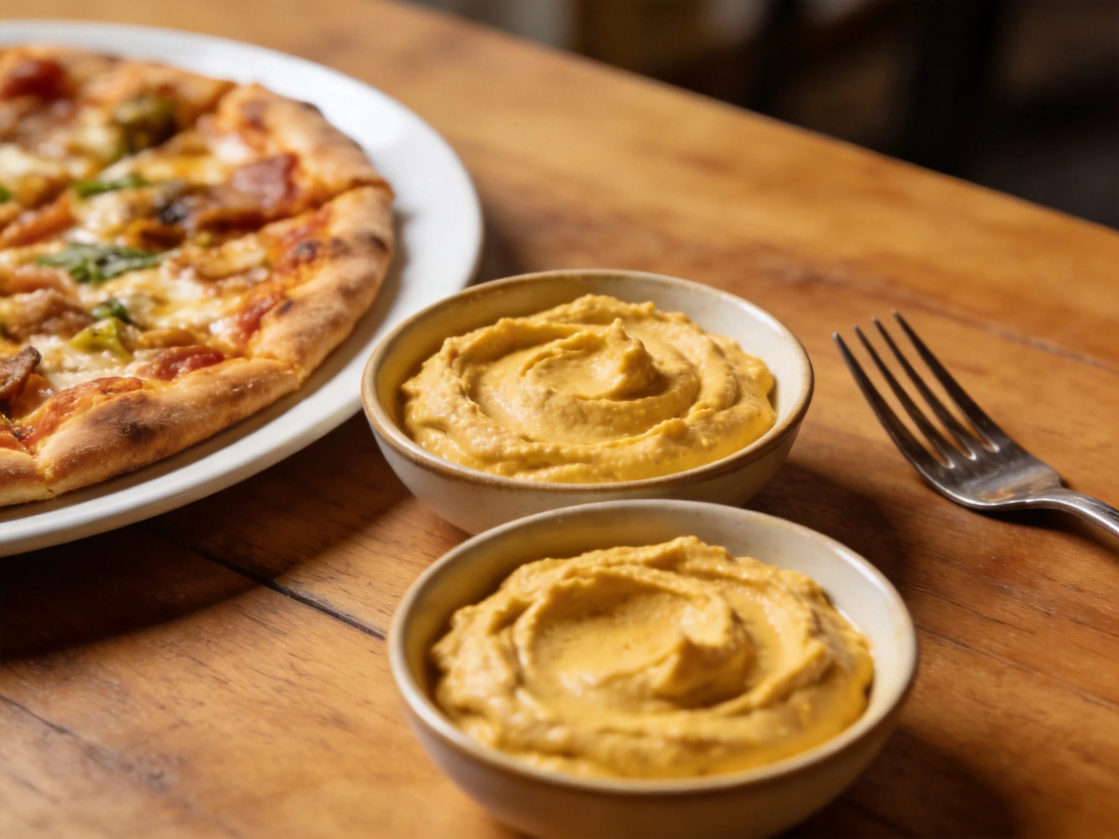 A large pizza sits beside two bowls of creamy dip on a wooden table
