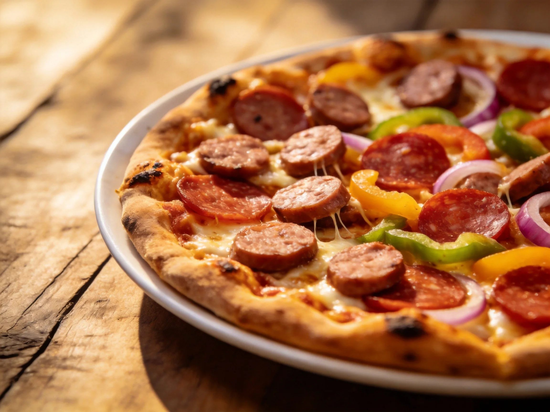 A large pizza with pepperoni, sausage, and colorful vegetable toppings