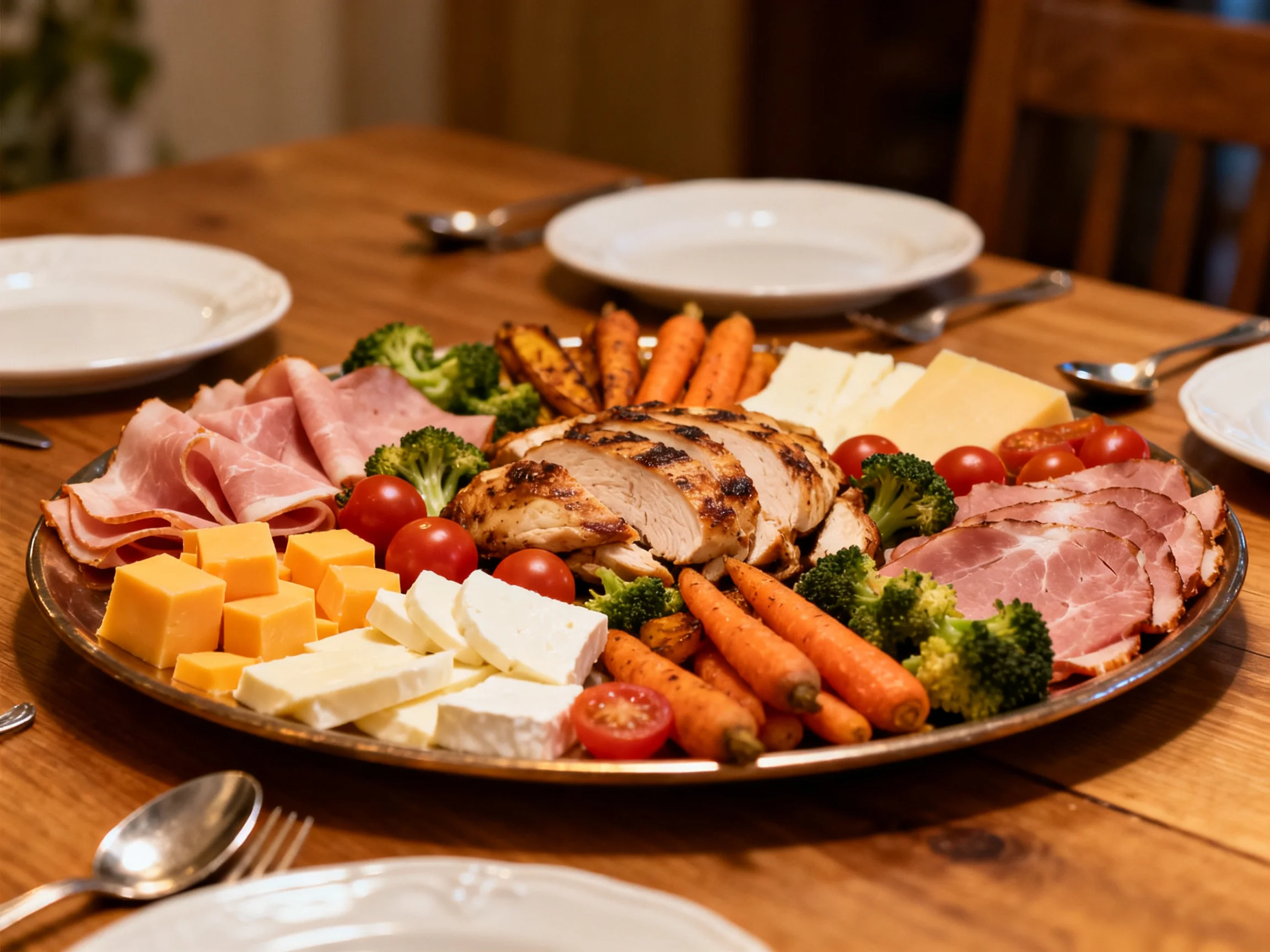 A large platter of grilled chicken, ham, and assorted cheeses with vegetables