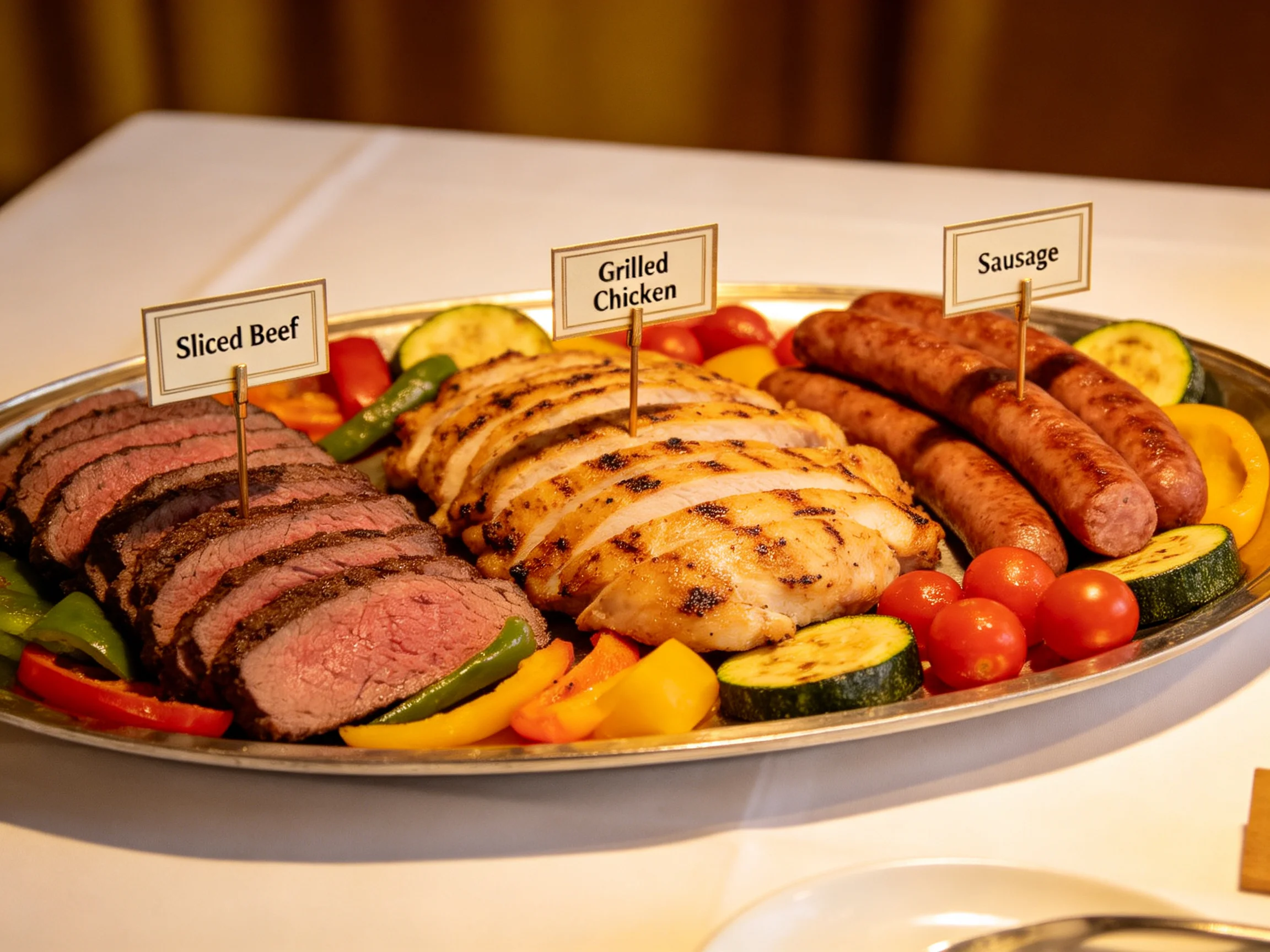 A large platter presents sliced beef, grilled chicken, sausages, and fresh vegetables.