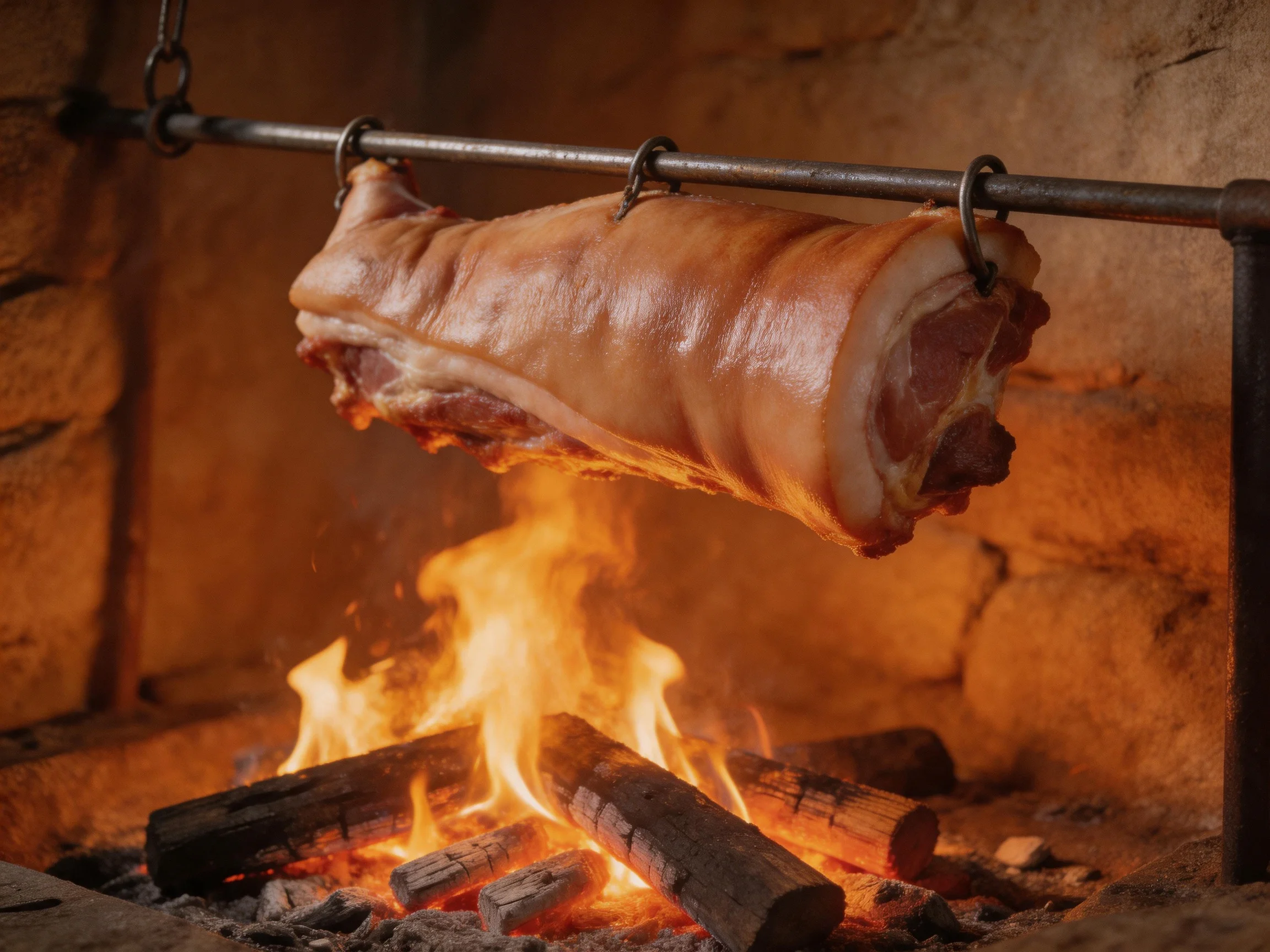 A large pork roast suspended over a blazing stone fireplace fire