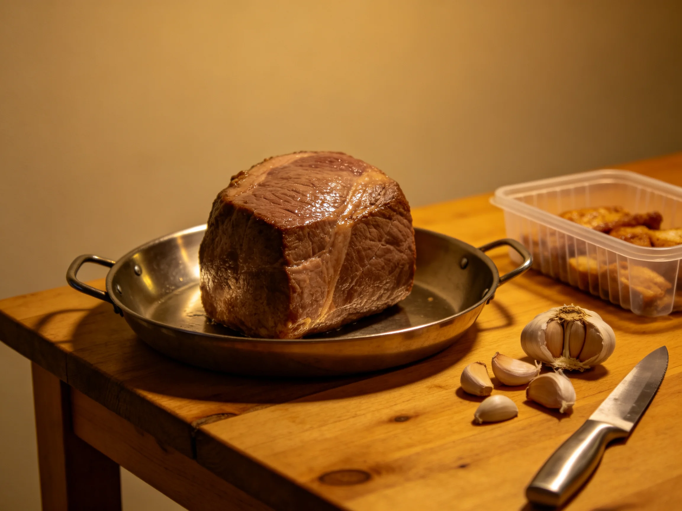 A large roasted beef on a metal pan near garlic and fried items
