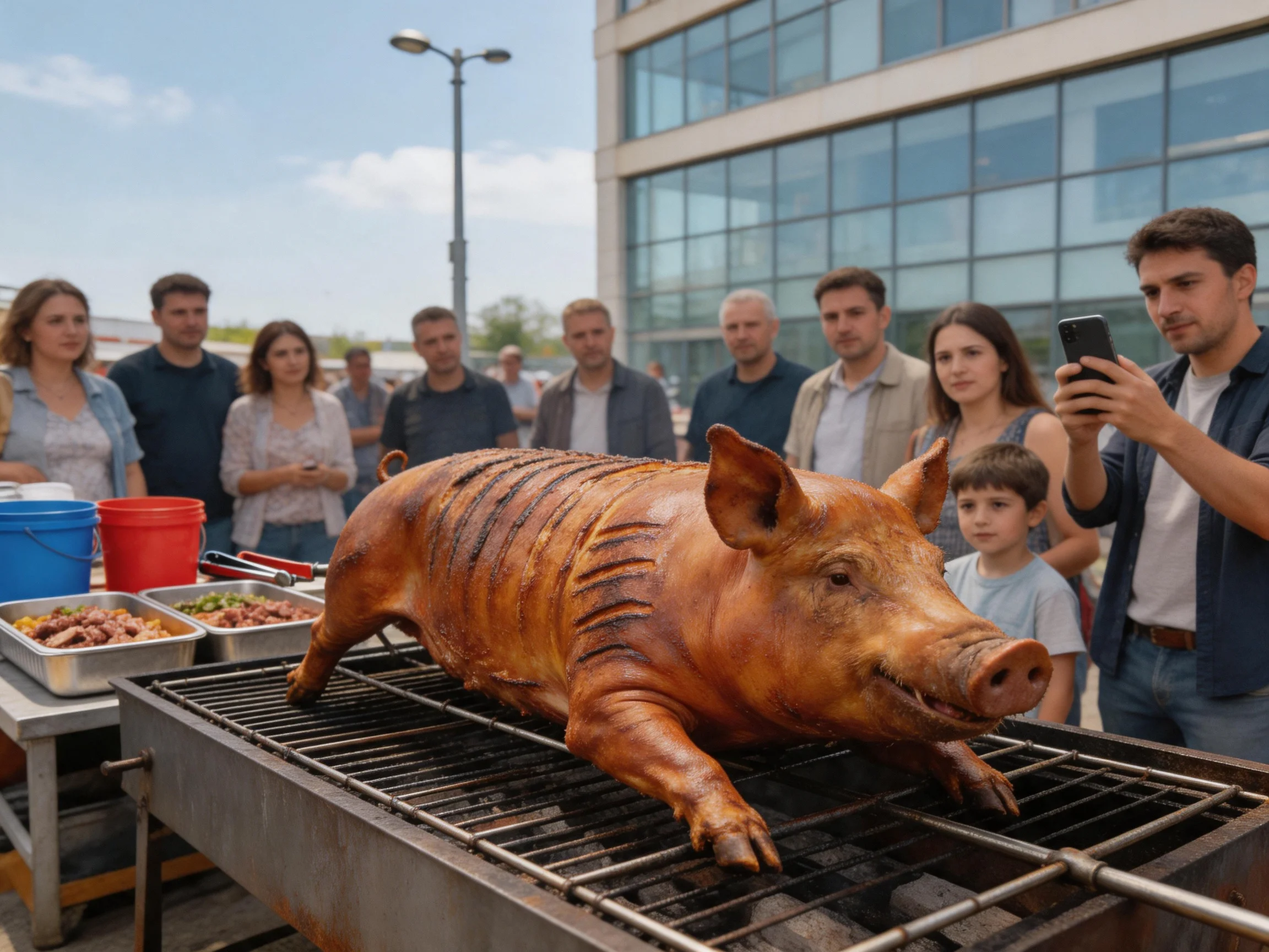 A large roasted pig grills over an open flame for a crowd