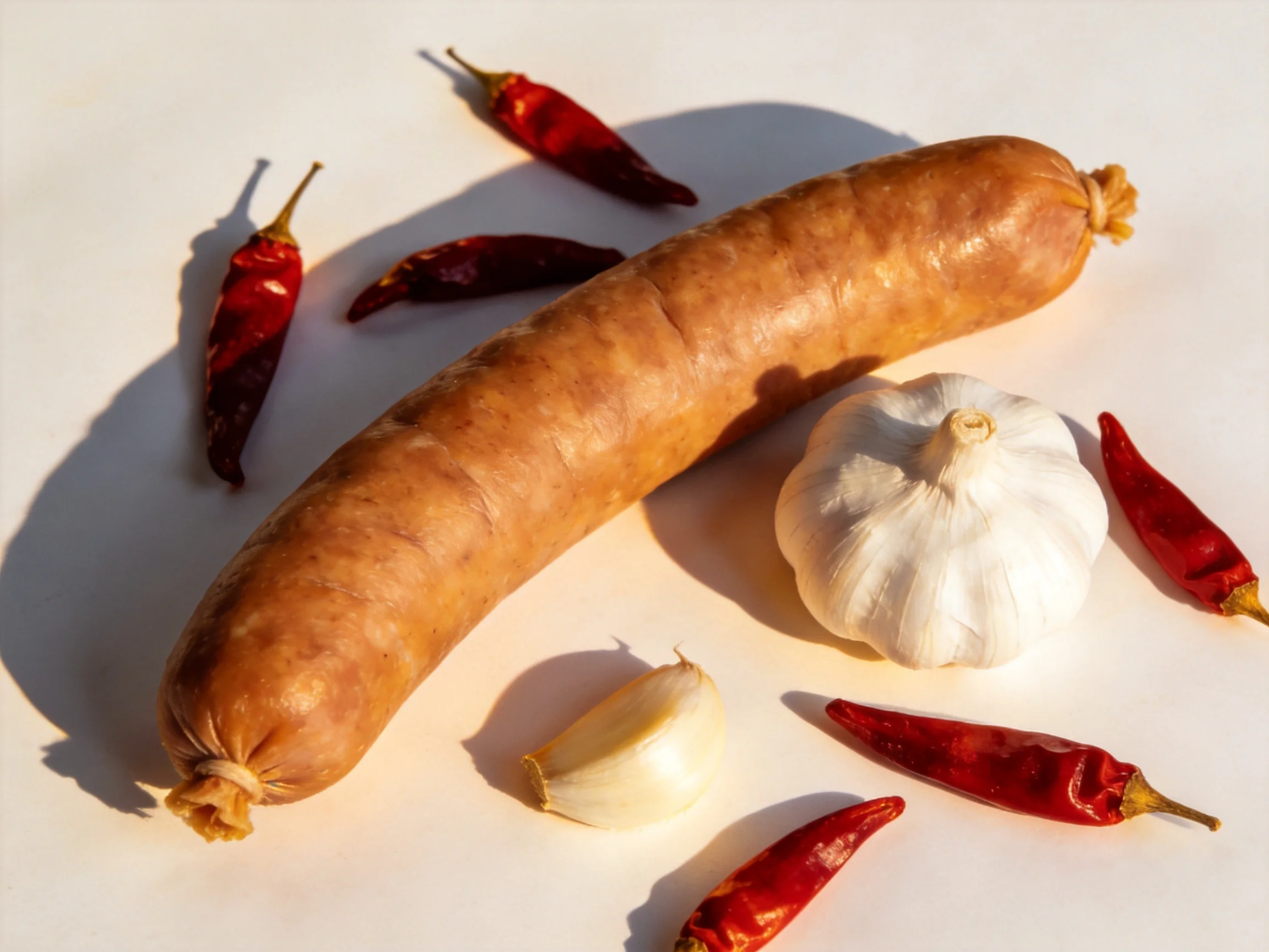 A large sausage, garlic, and dried red chili peppers on a white surface