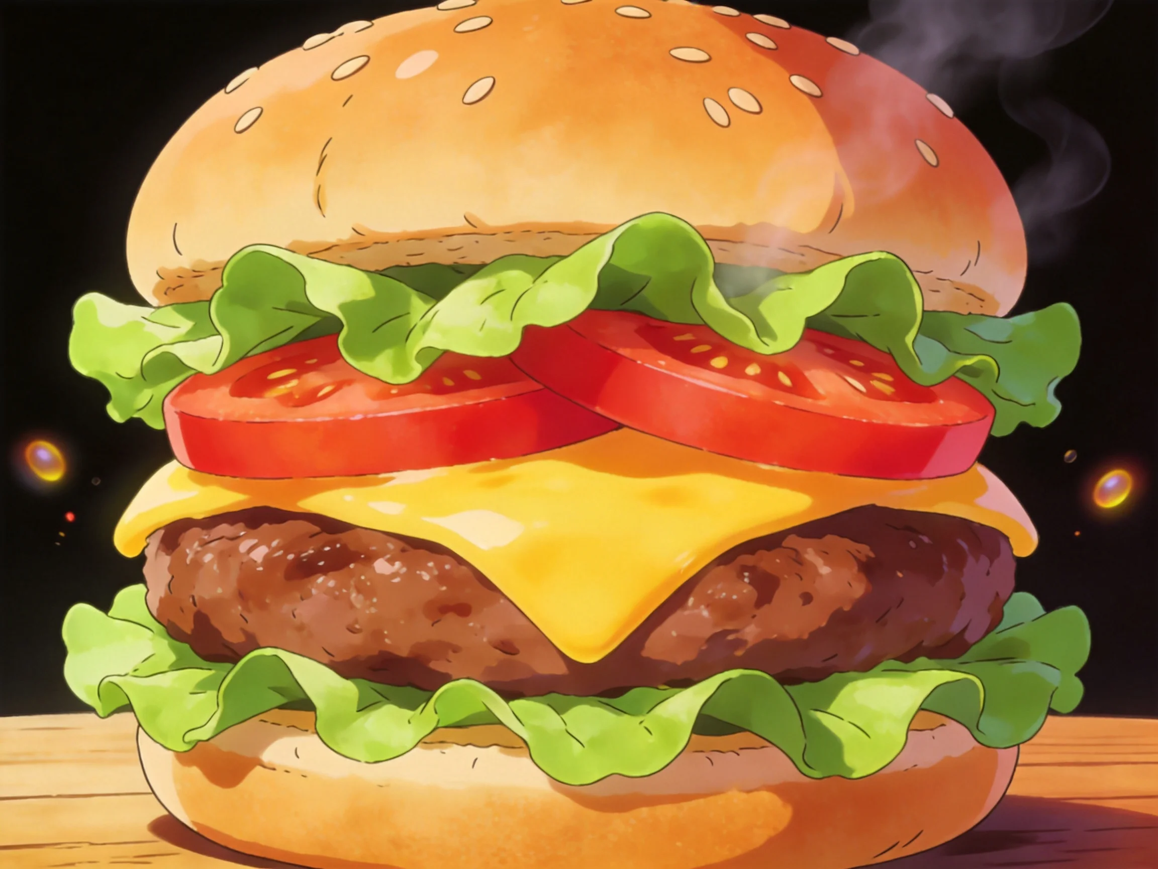 A large sesame seed hamburger with fresh lettuce, tomato, cheese, and beef patty