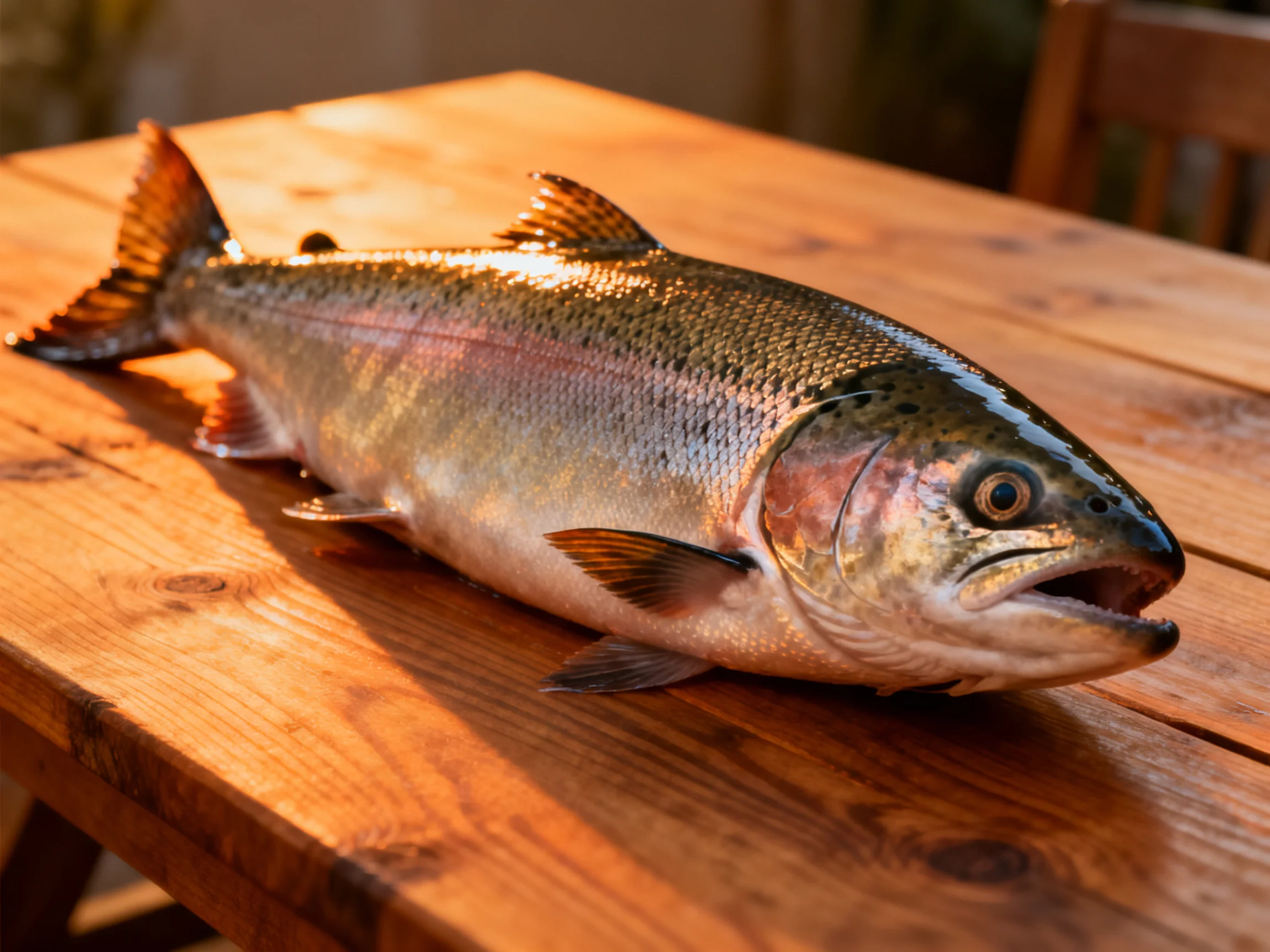 A large silver-pink trout resting on a polished wooden table outdoors.