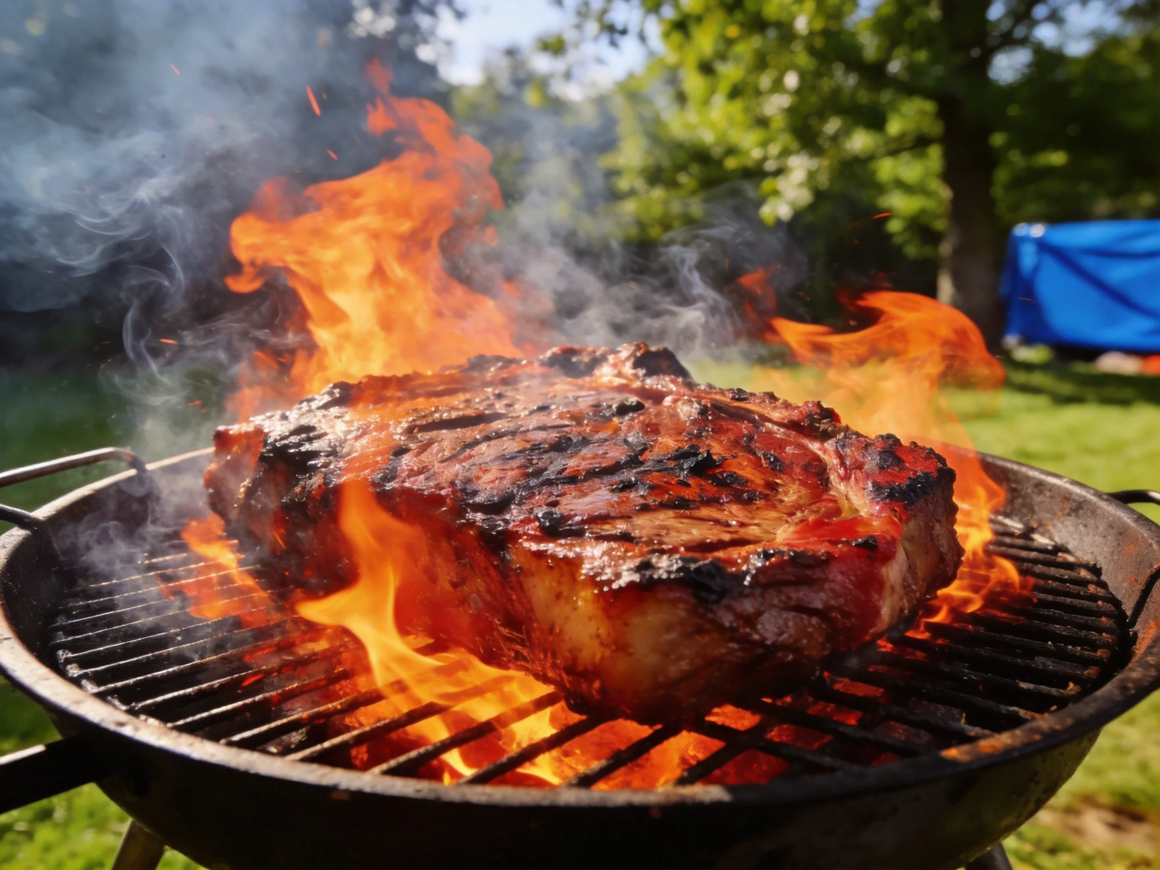 A large steak cooks over intense flames on an outdoor charcoal grill