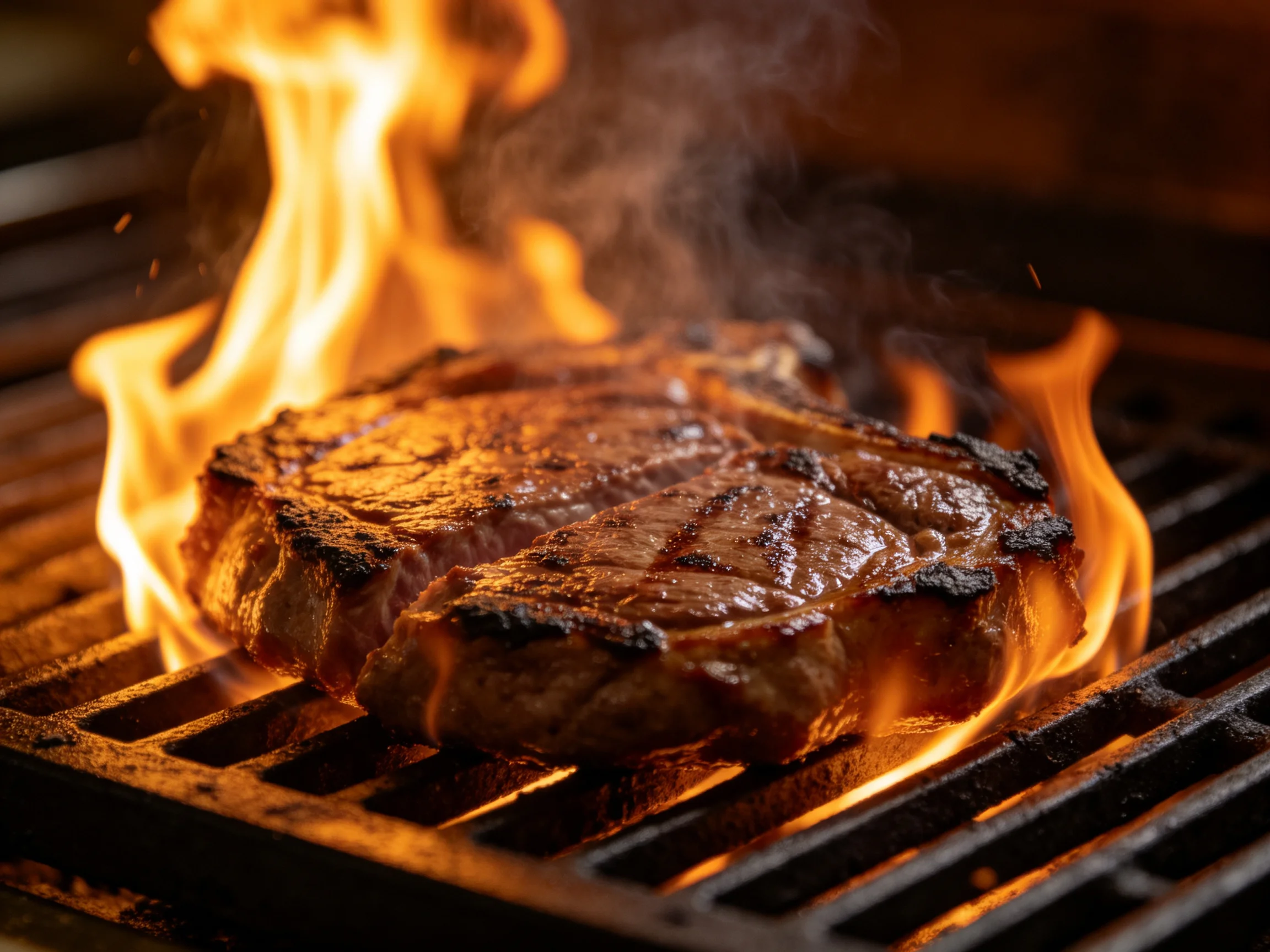 A steak cooks on a grill amid bright flames.