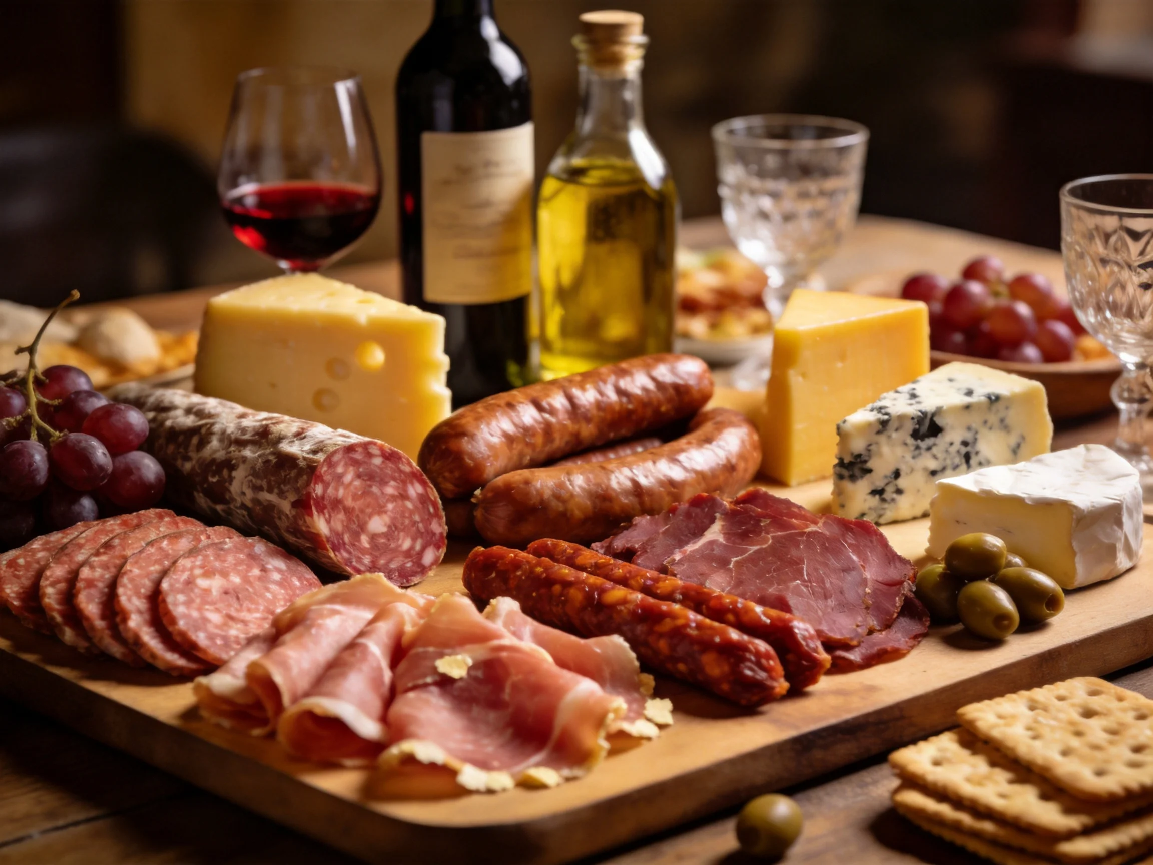 A lavish charcuterie platter with assorted meats, cheeses, and grapes