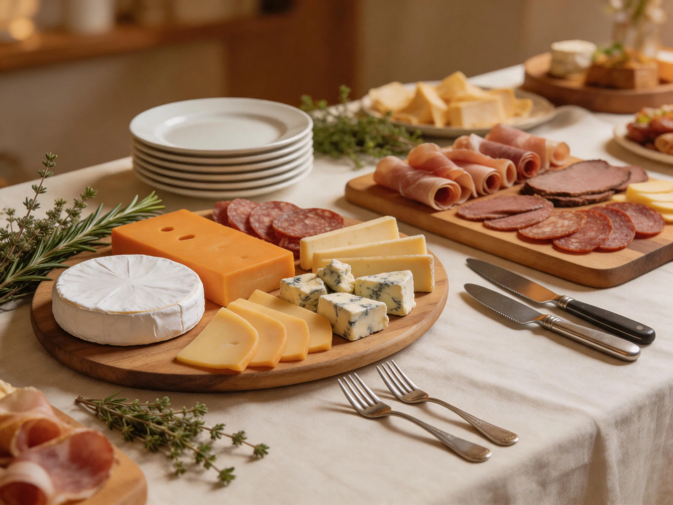 A lavish charcuterie spread with assorted cheeses and cured meats