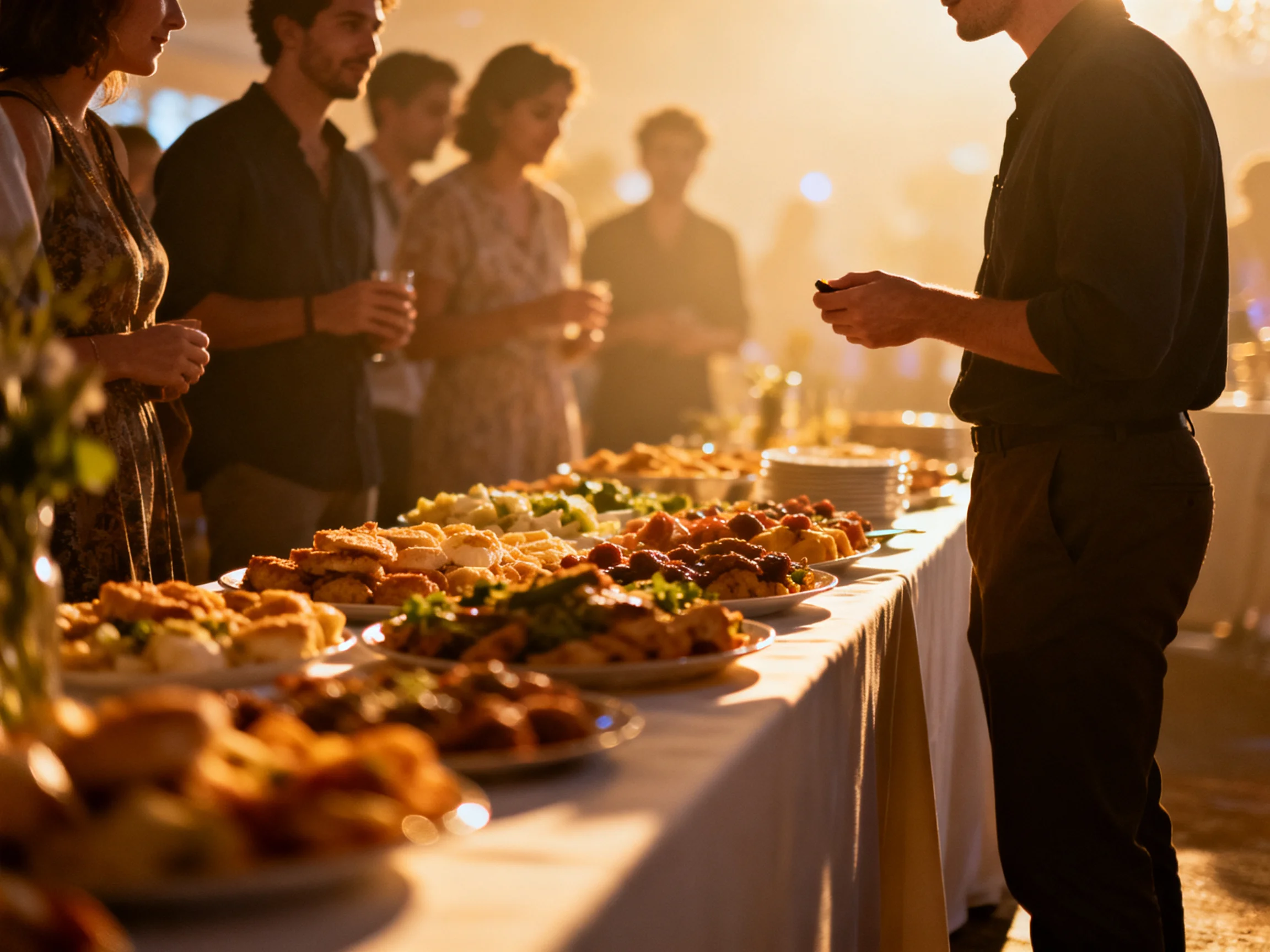 A lavish spread of assorted foods at a warmly lit social event