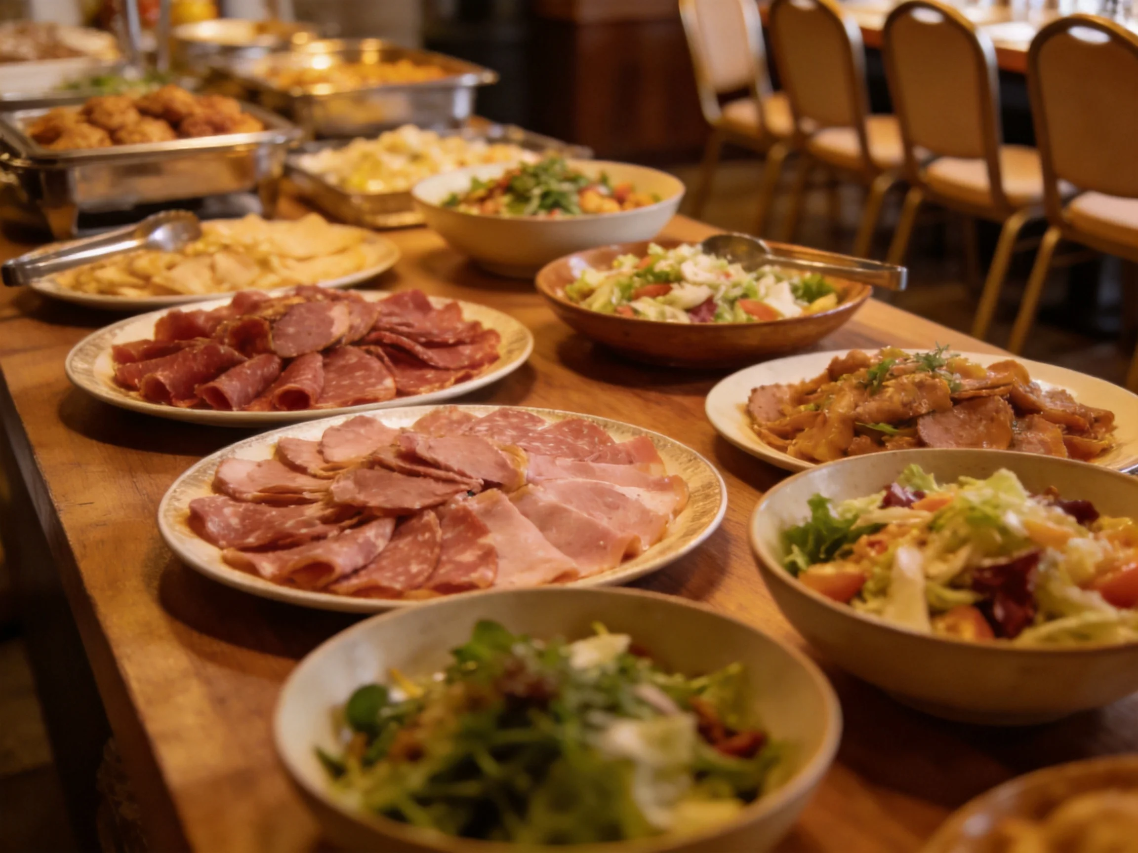 A lavish spread of cured meats and fresh salads on a wooden table