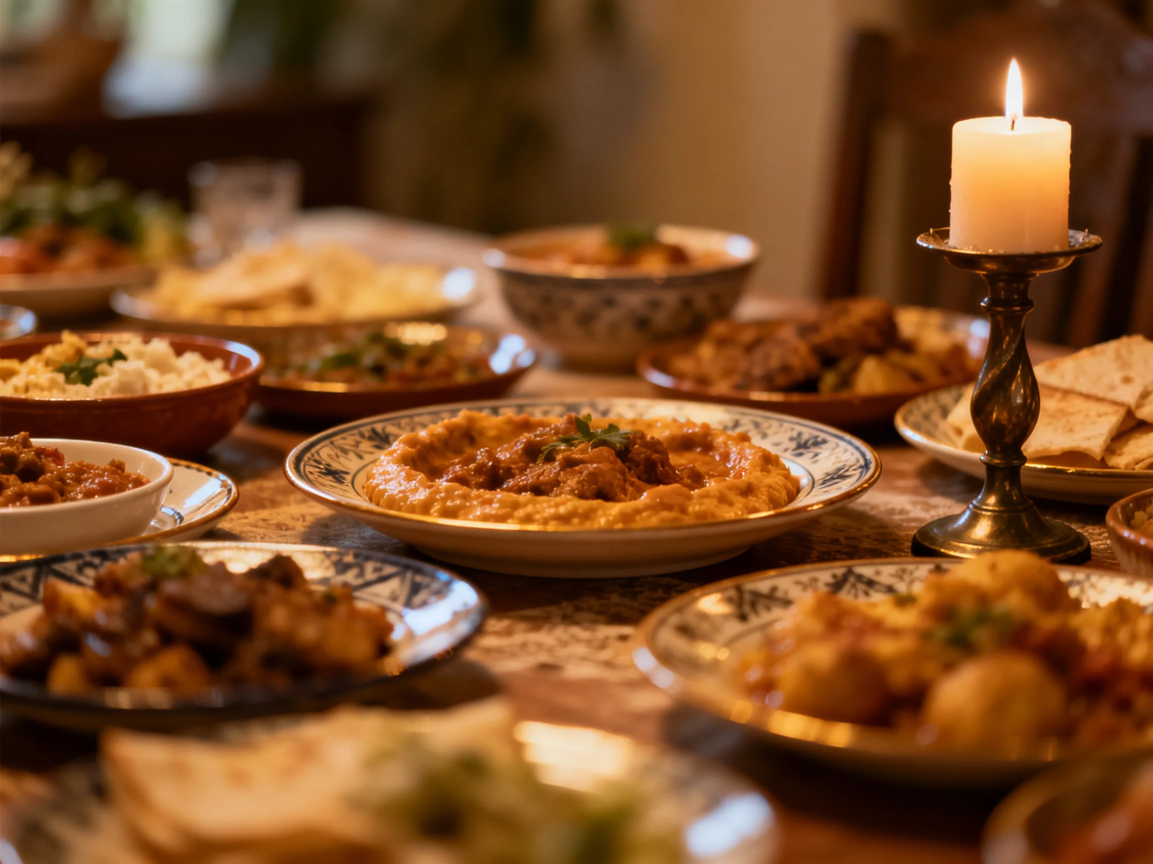A lavish spread of diverse dishes on a warmly lit wooden table