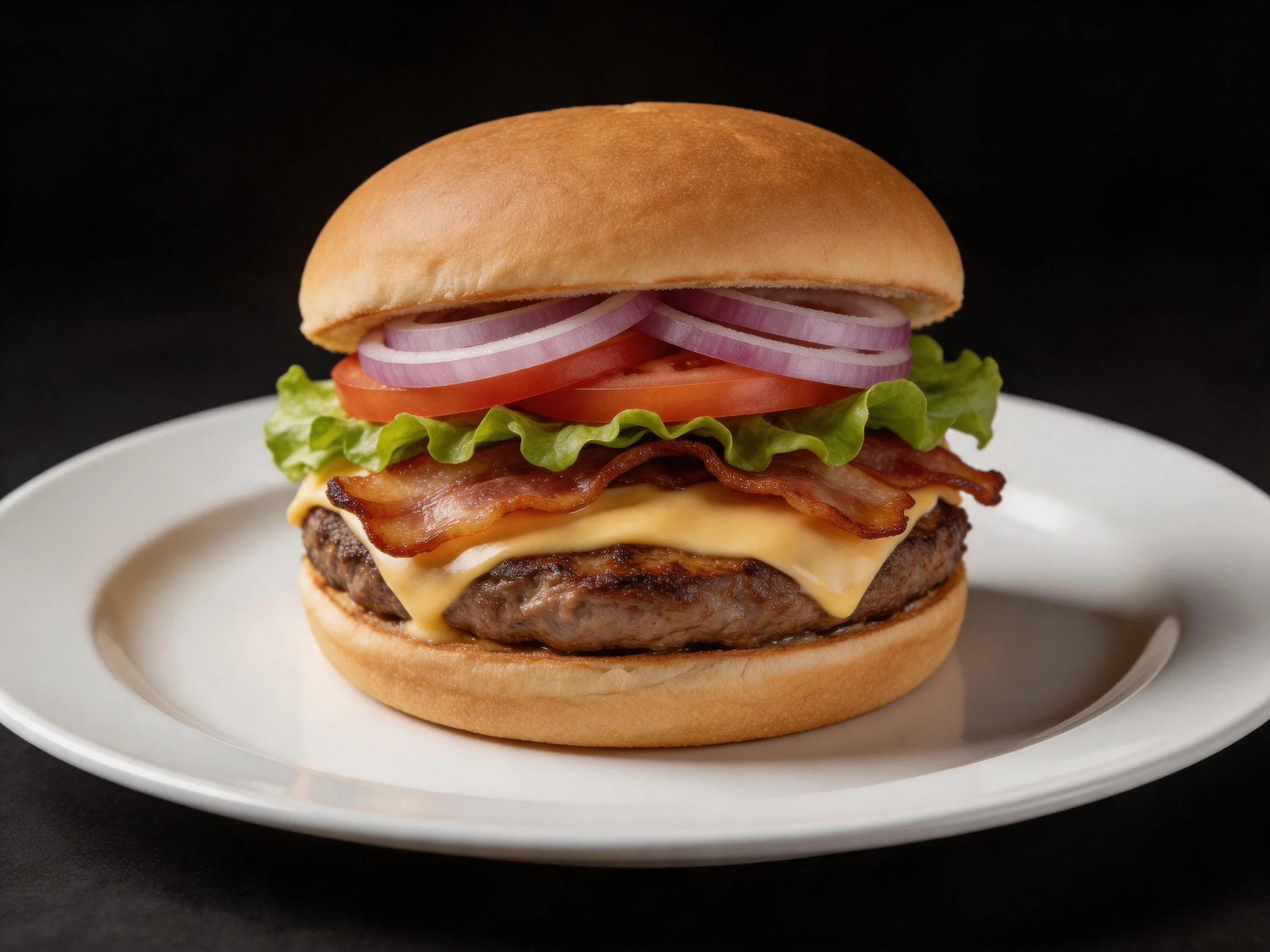 A layered bacon cheeseburger with tomato, red onion, and lettuce on a bun