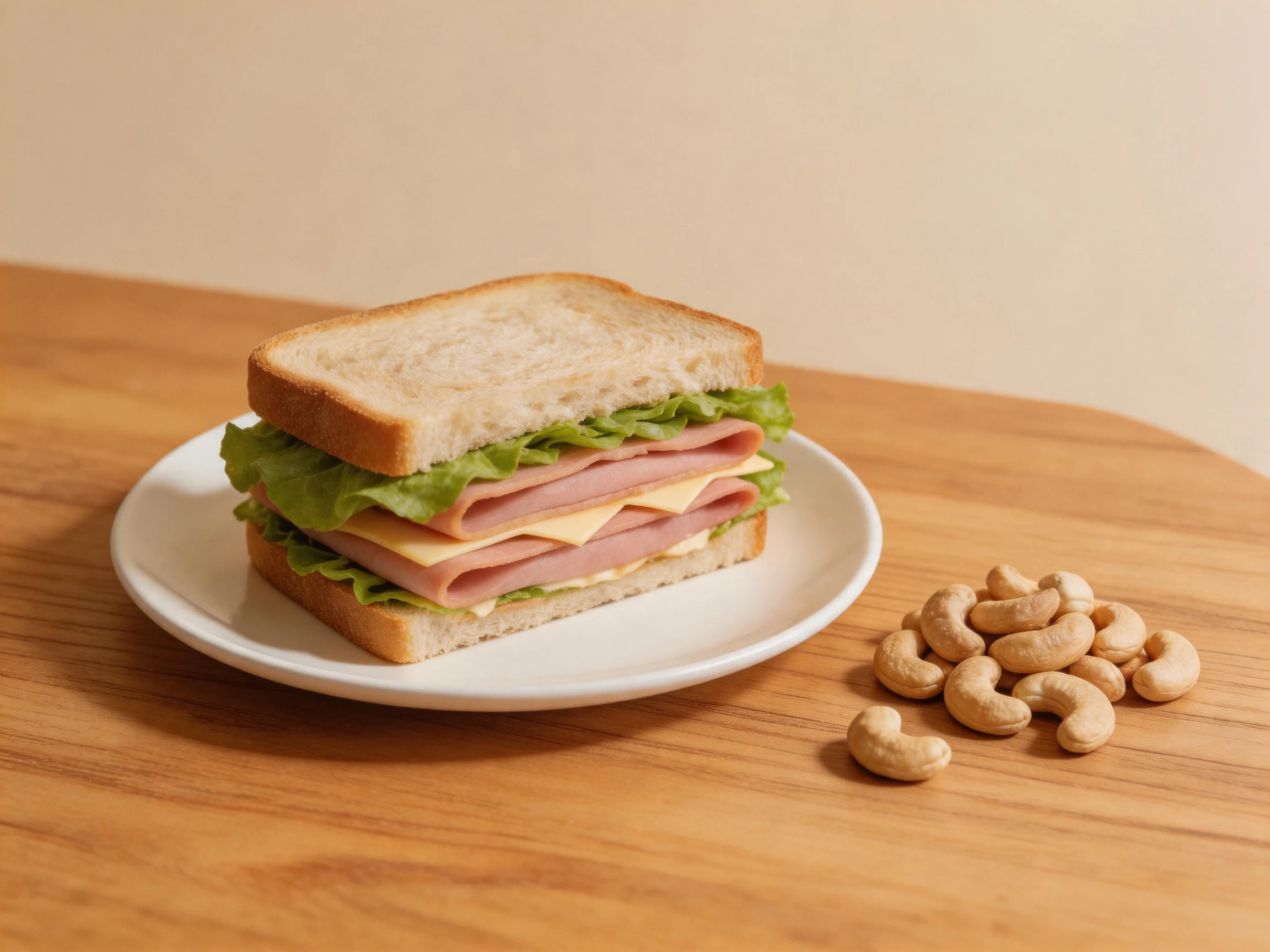 A layered ham and cheese sandwich with cashew nuts on wood