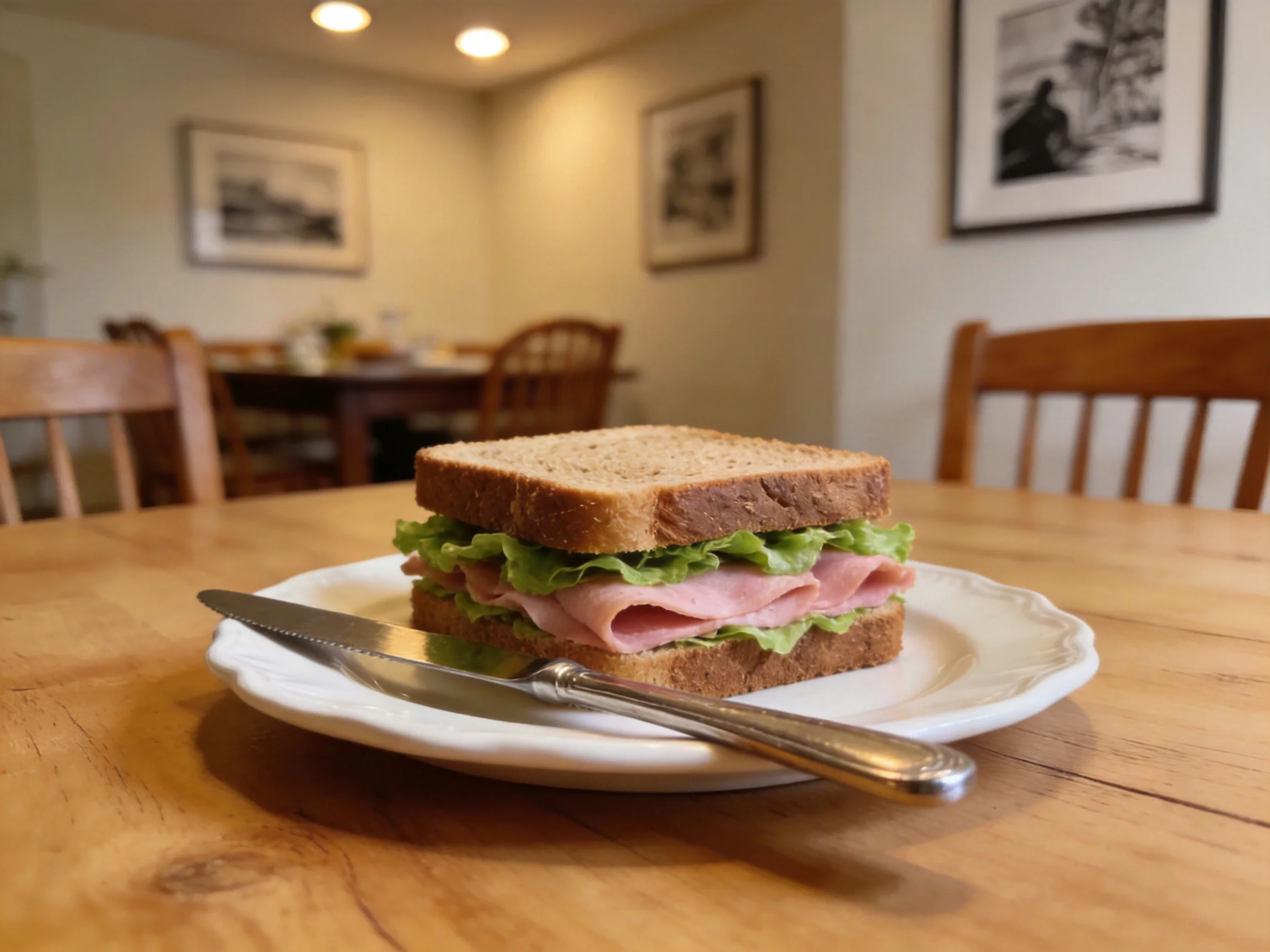 A layered ham and lettuce sandwich on whole wheat bread