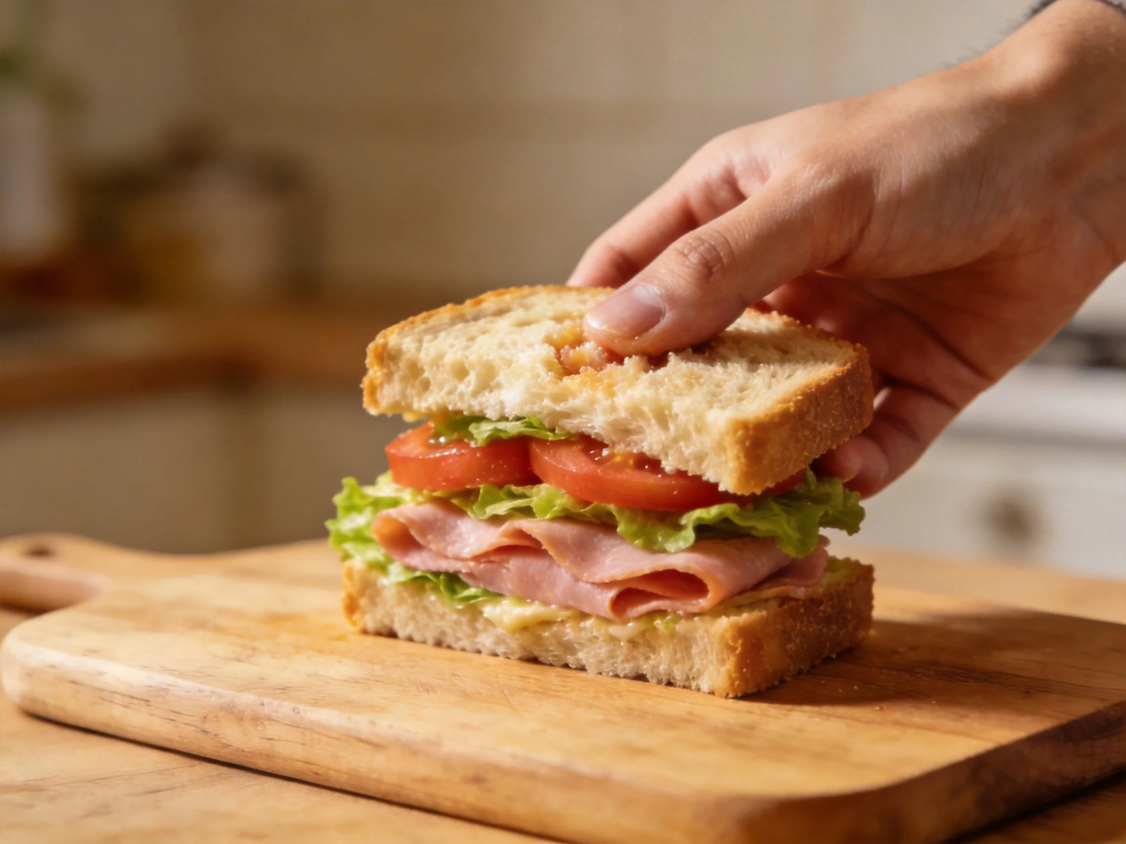 A layered sandwich with ham, tomato, and lettuce on toasted bread
