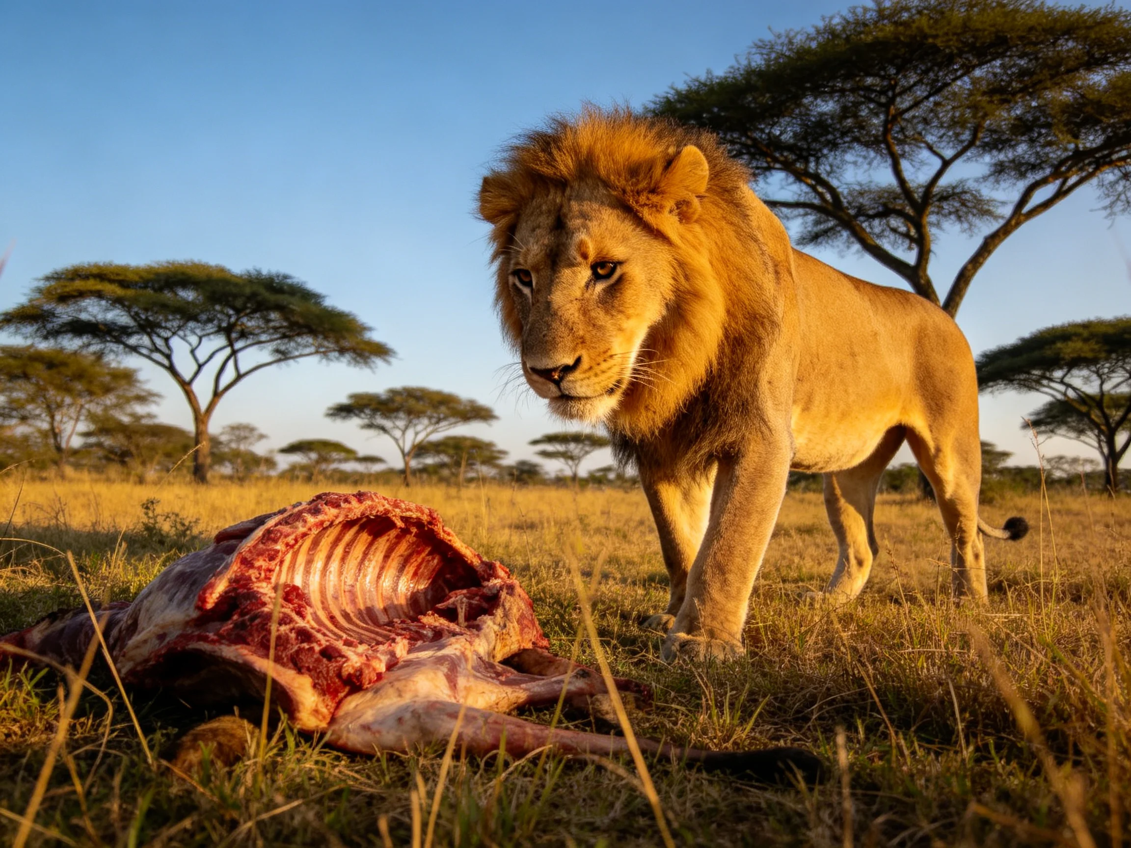 A lion with golden mane near raw carcass in savannah
