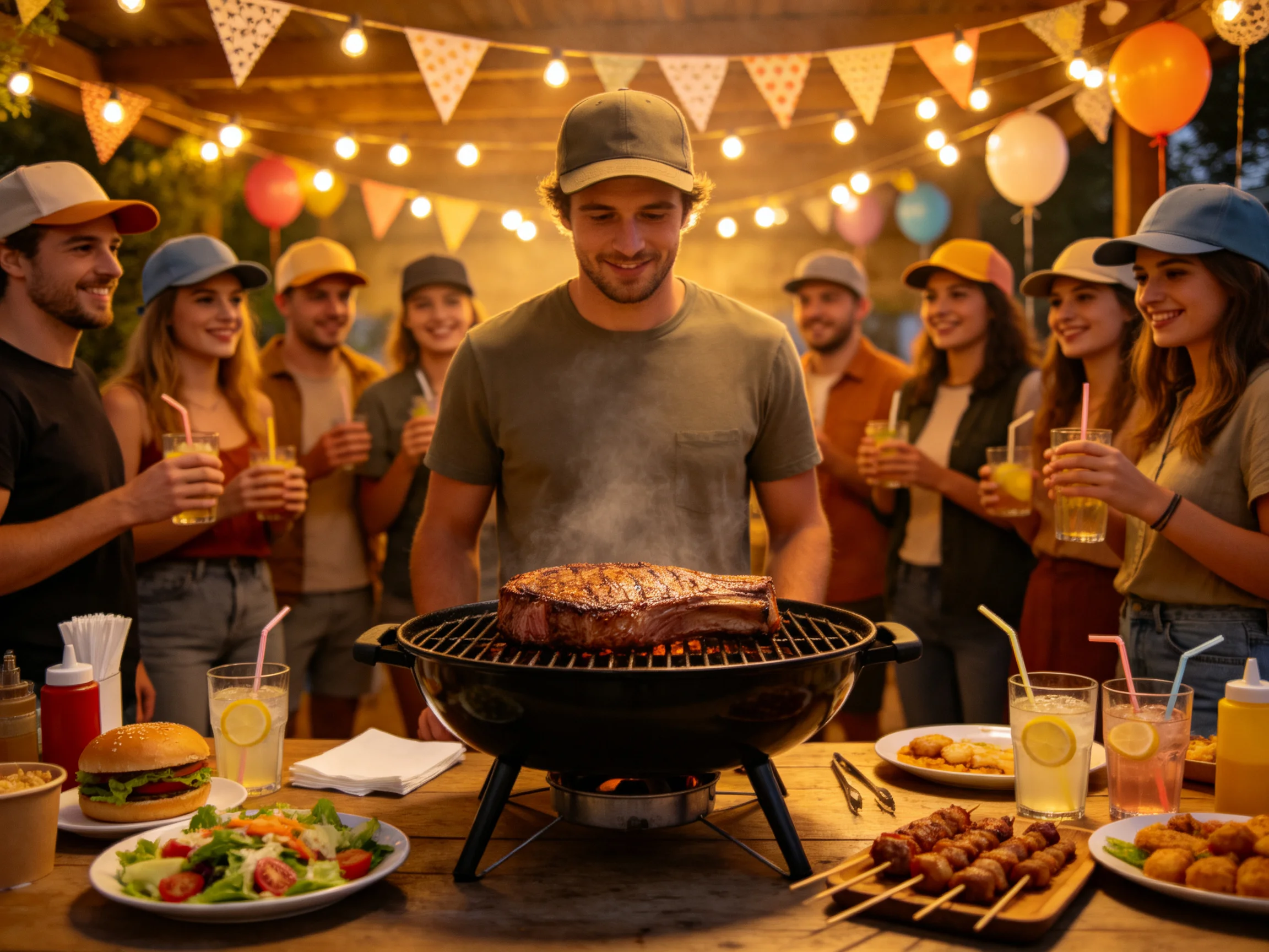 A lively outdoor barbecue with friends under string lights