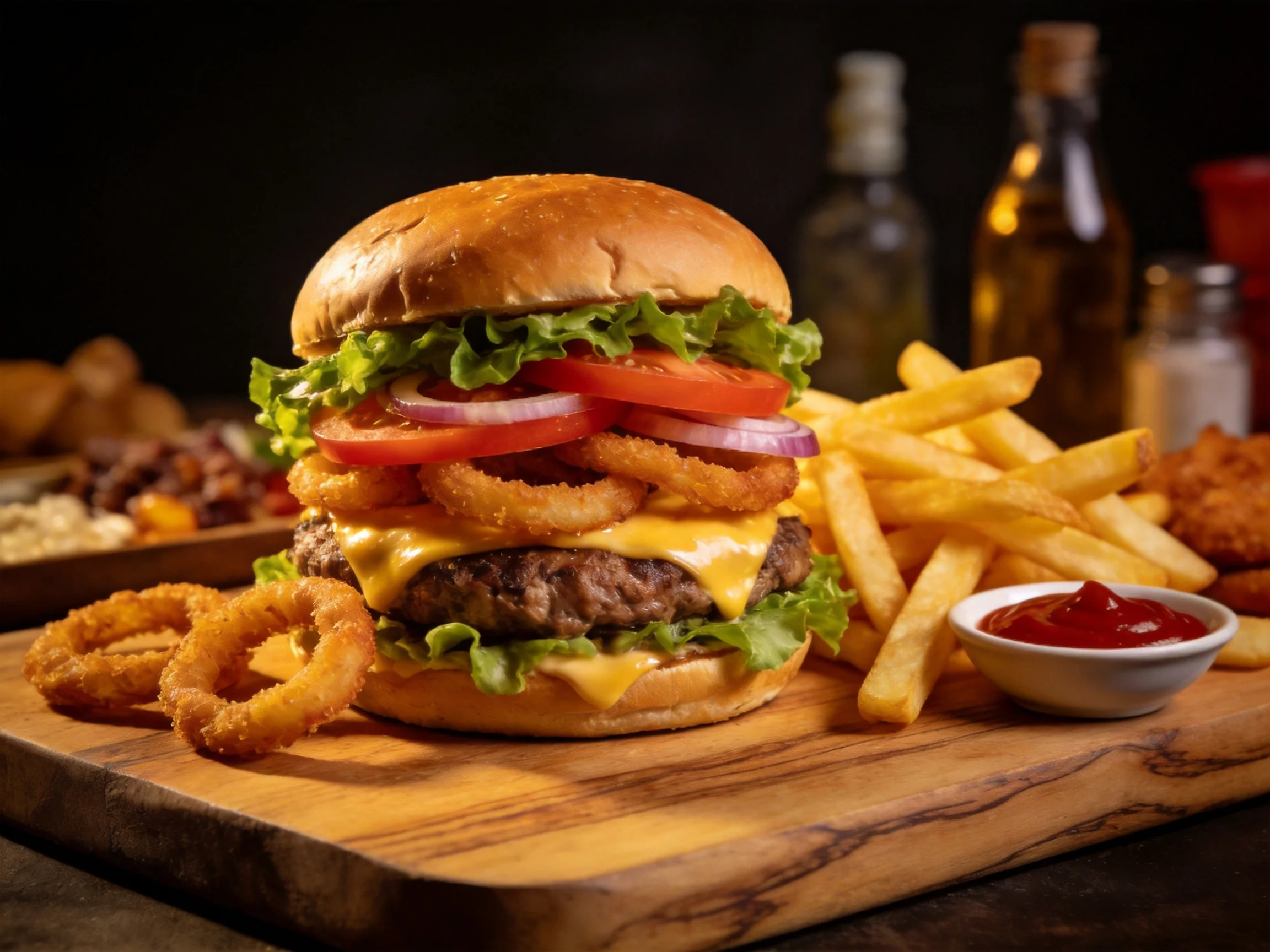 A loaded cheeseburger with onion rings, fries, and ketchup on a wooden board