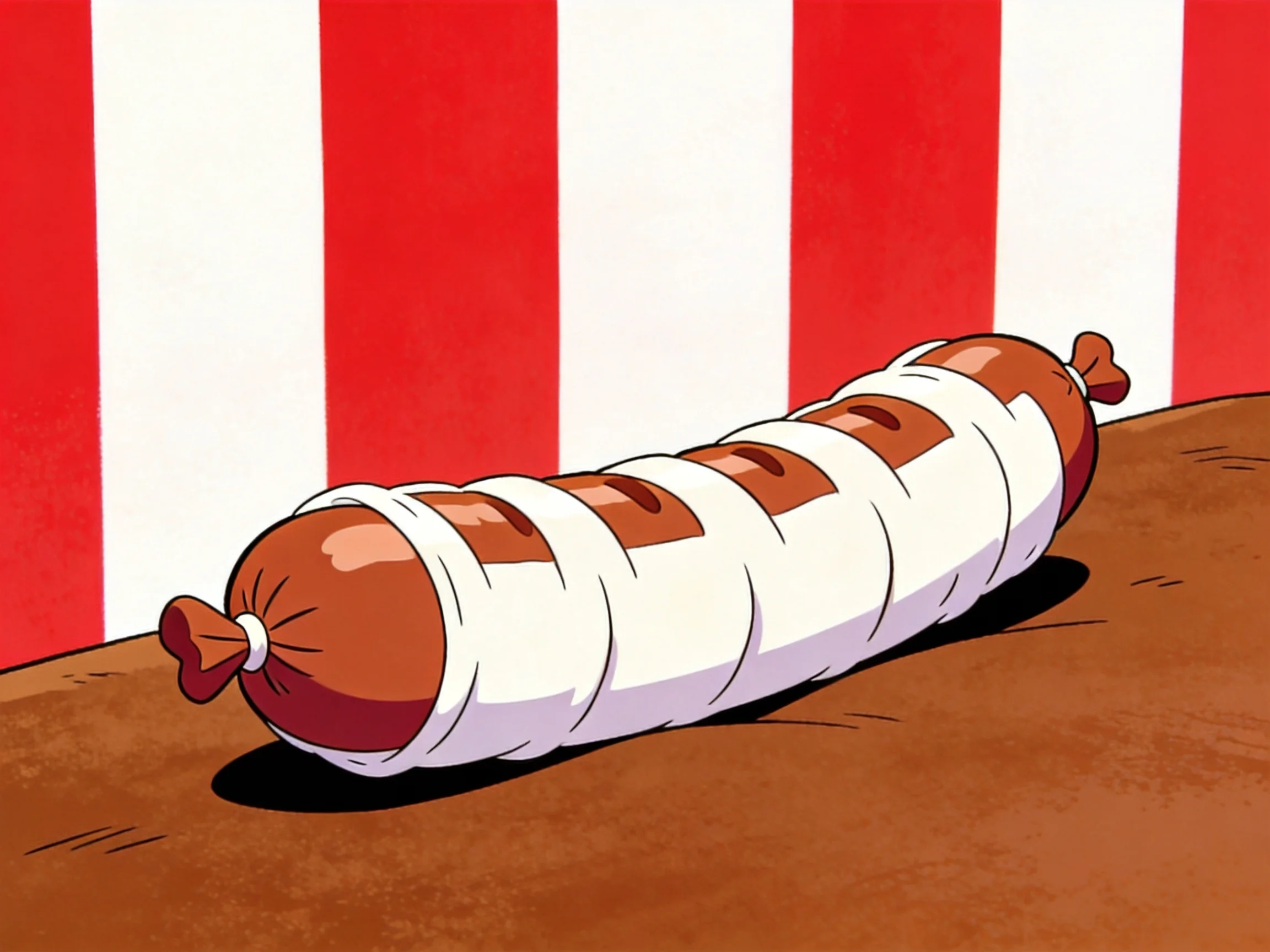 A long sausage wrapped in white bands near red and white vertical stripes