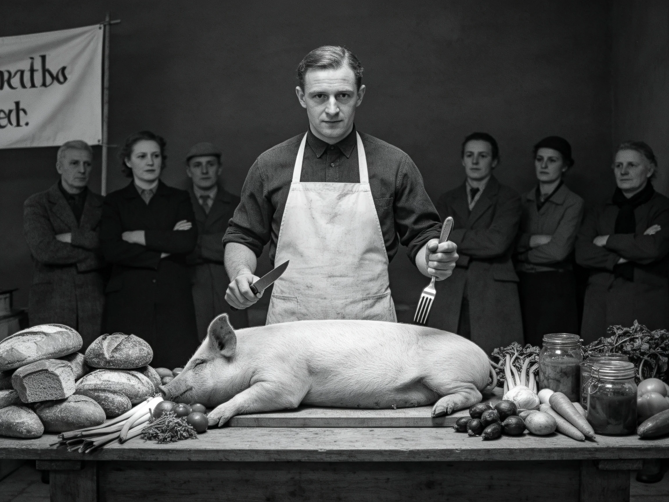 A man butchering a pig near stacked bread and vegetables