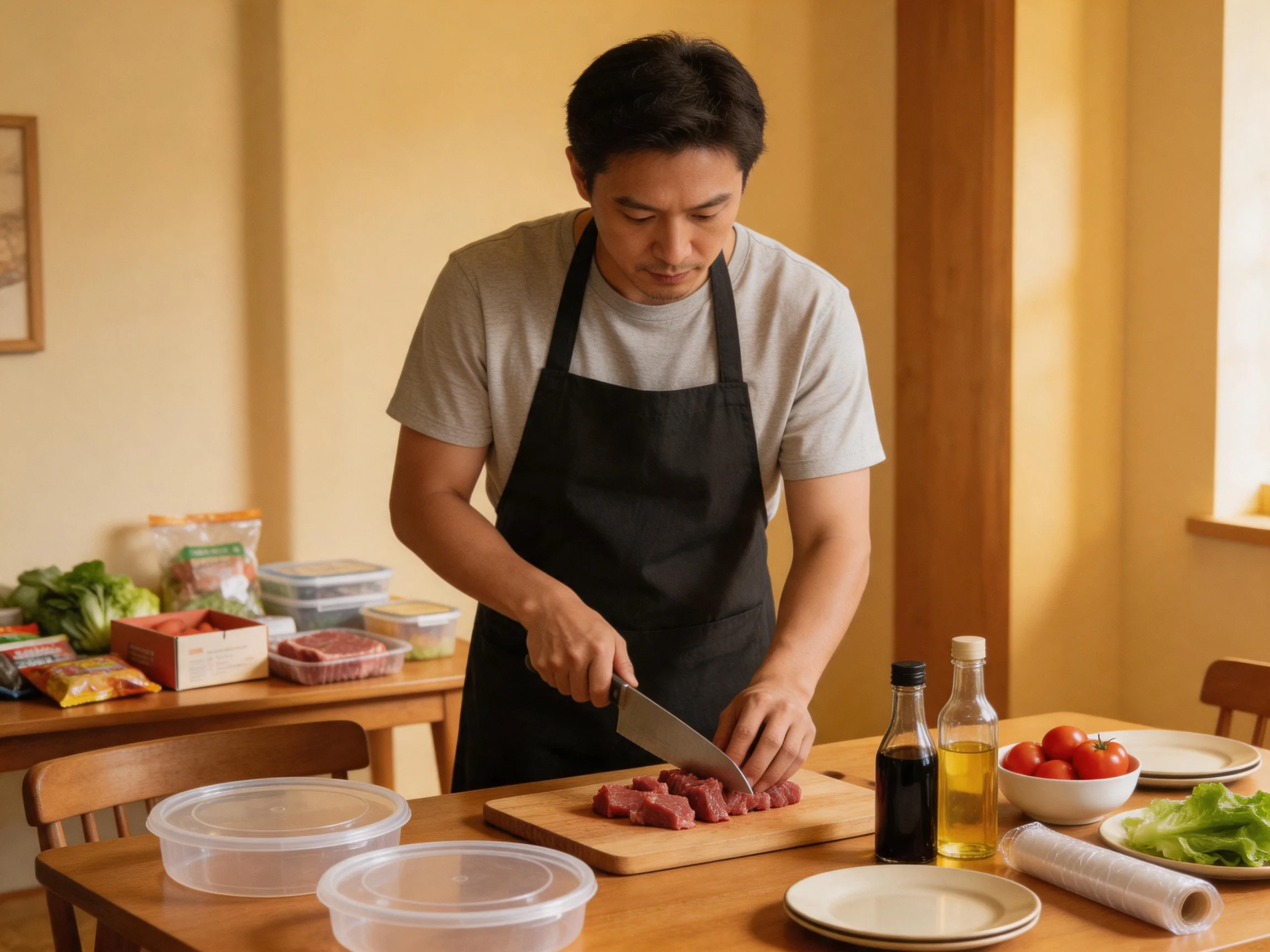 A man chopping beef in a cozy home kitchen with fresh vegetables
