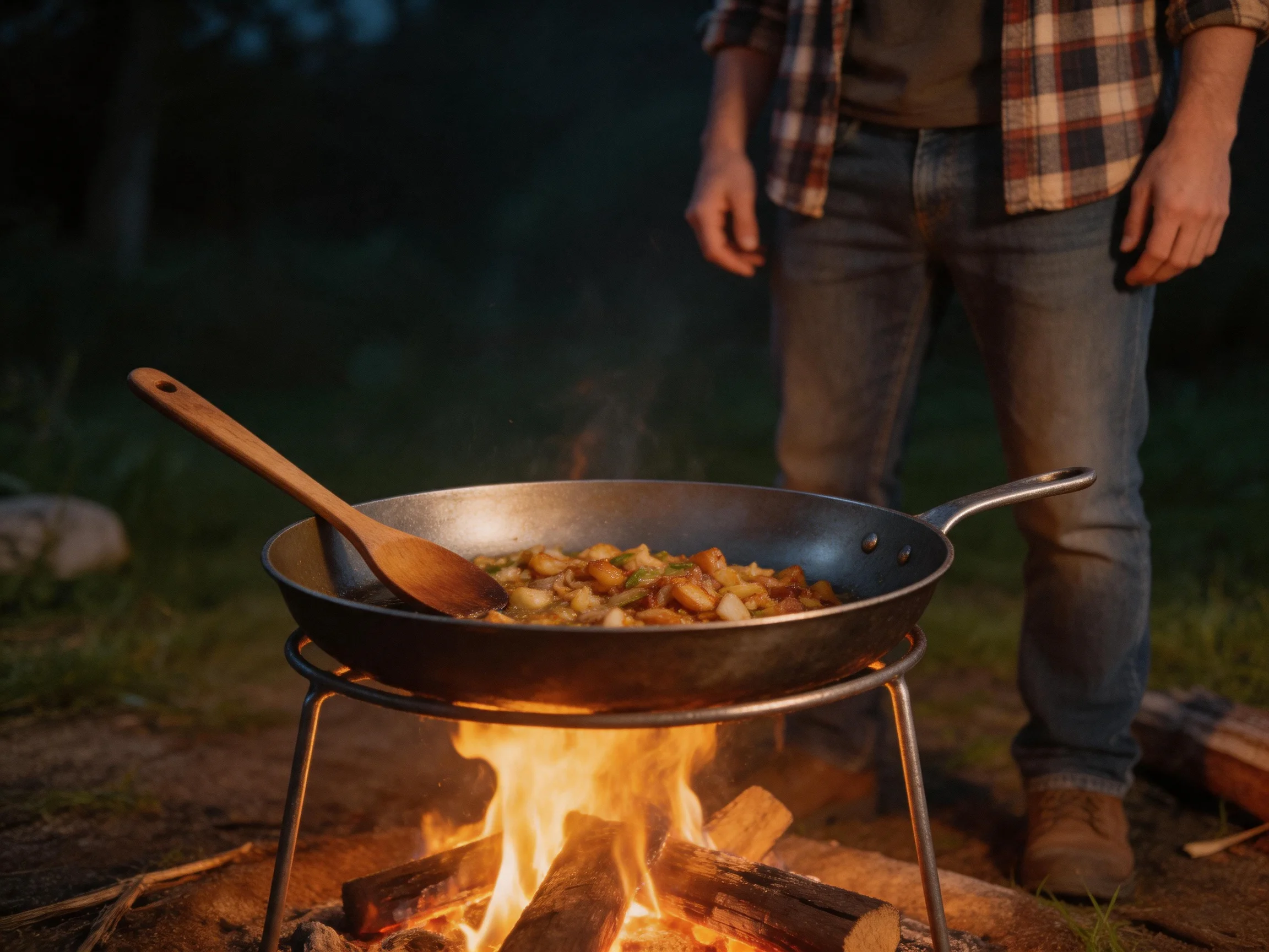 A man cooks dinner in a large skillet over a campfire at dusk