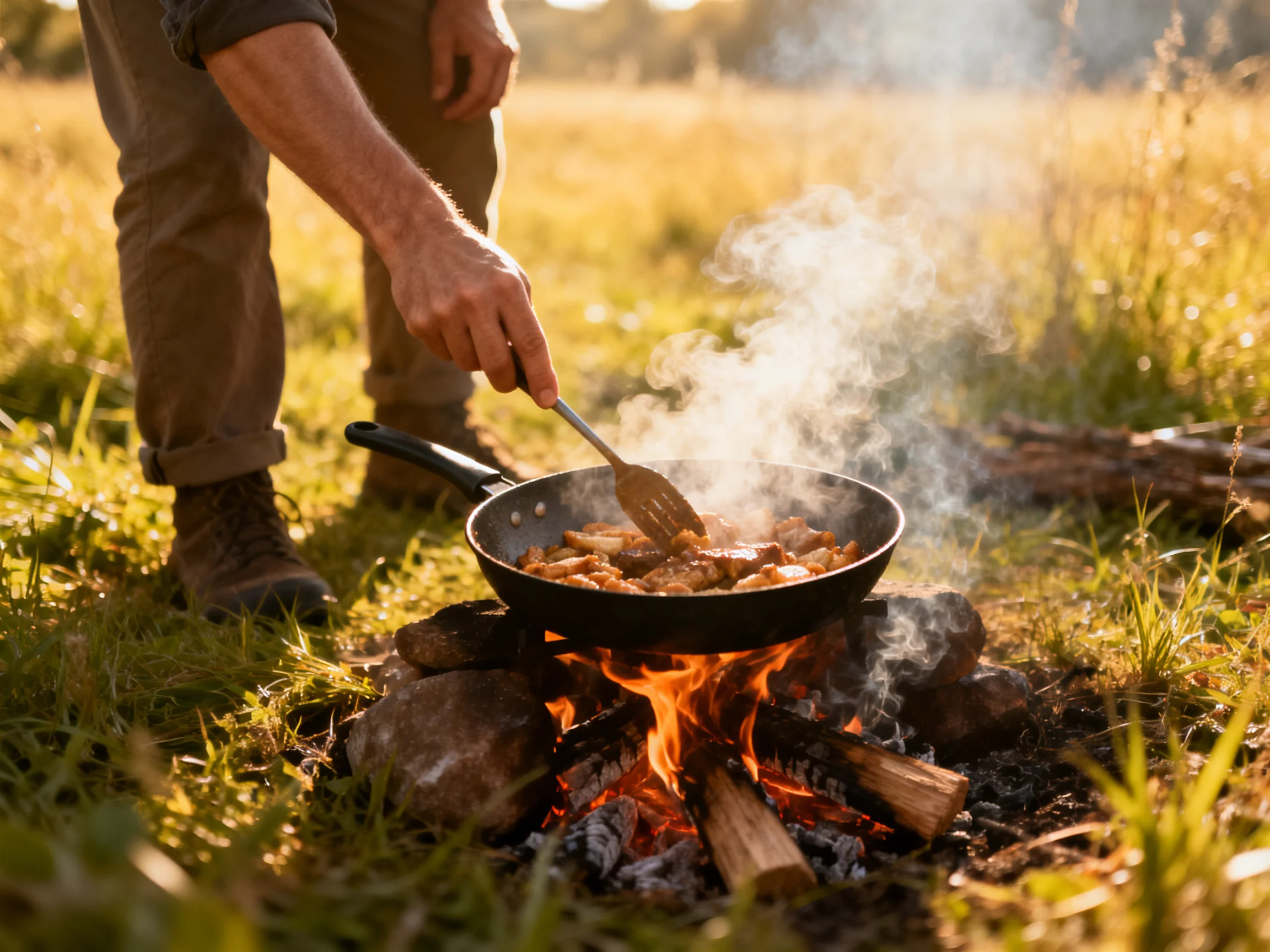 A man cooks food in a black skillet over an outdoor campfire