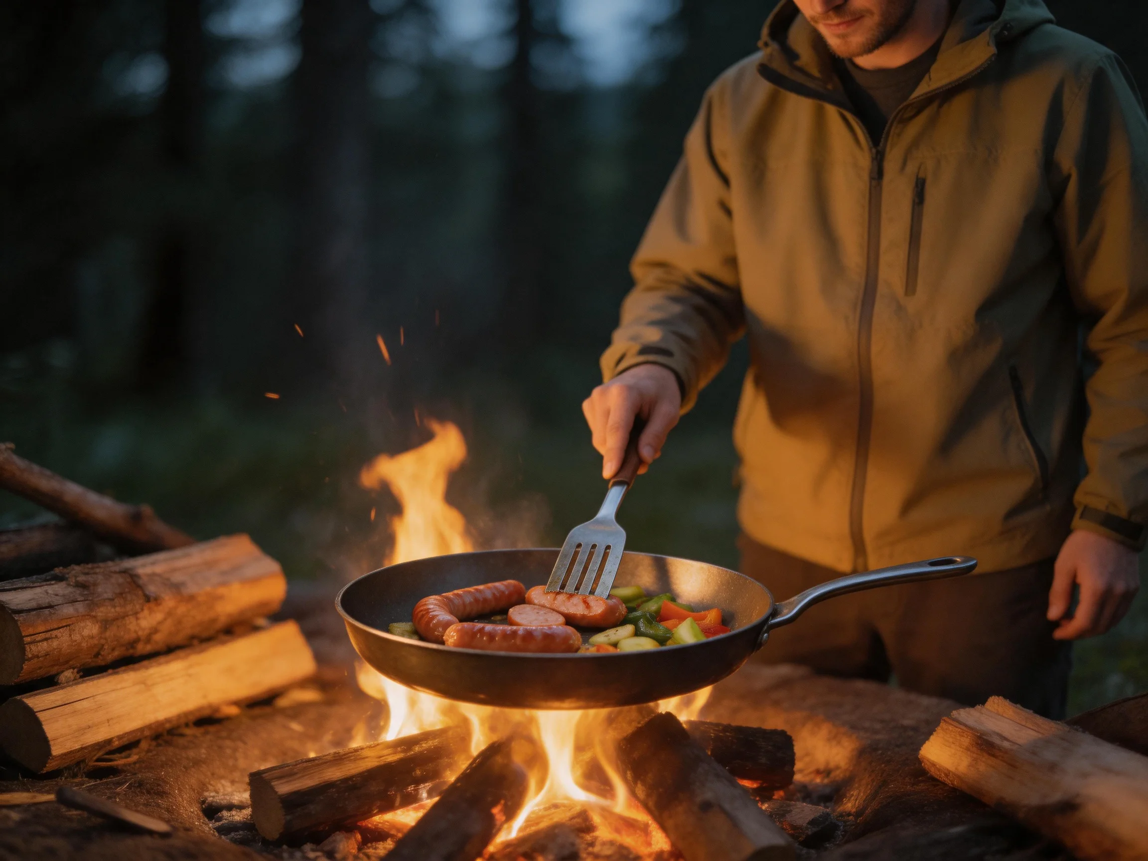 A man cooks sausages and veggies over an open campfire at dusk