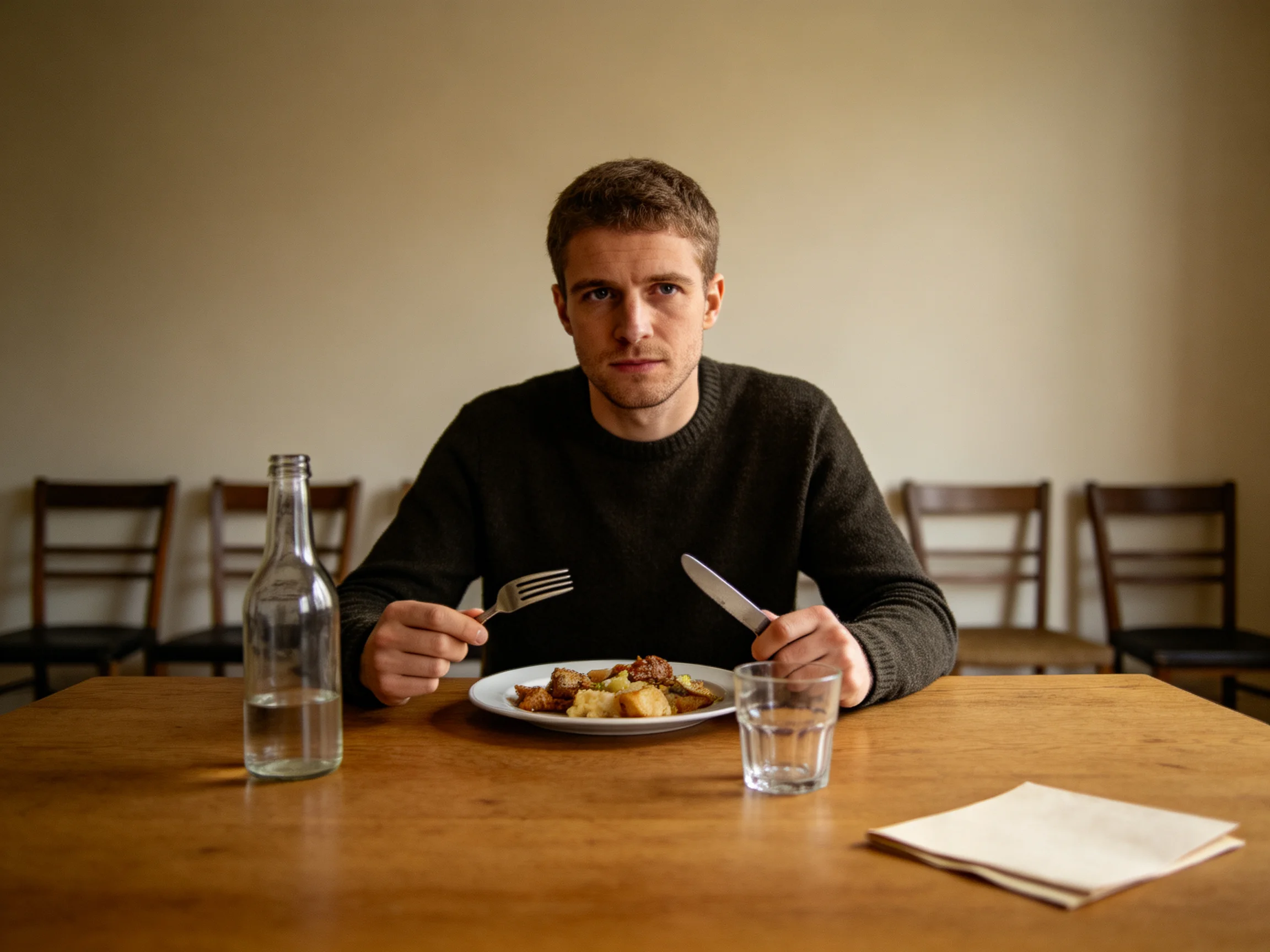 A man dining alone at a wooden table with food and glassware