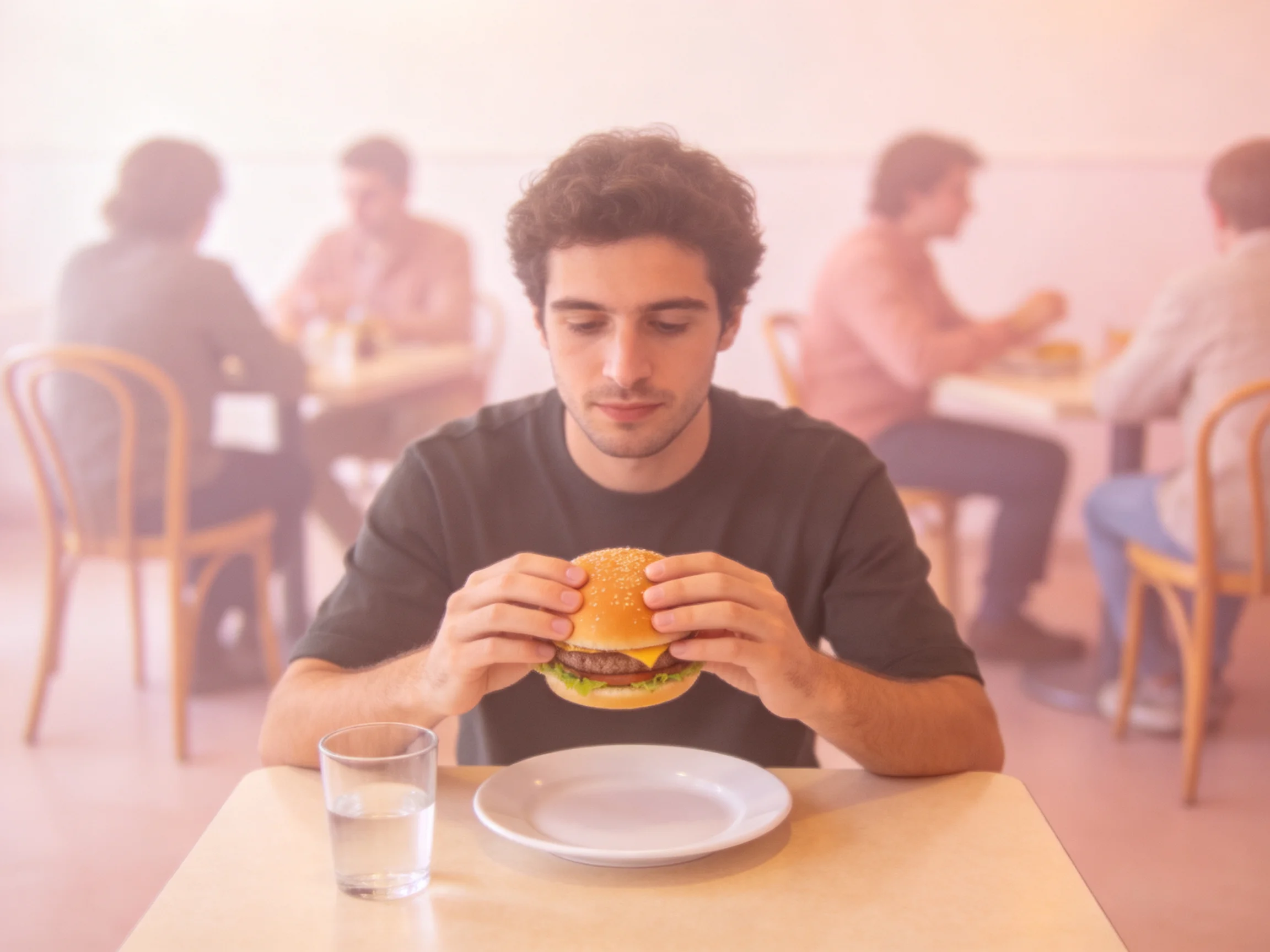 A man eating a sesame seed burger in a softly lit diner