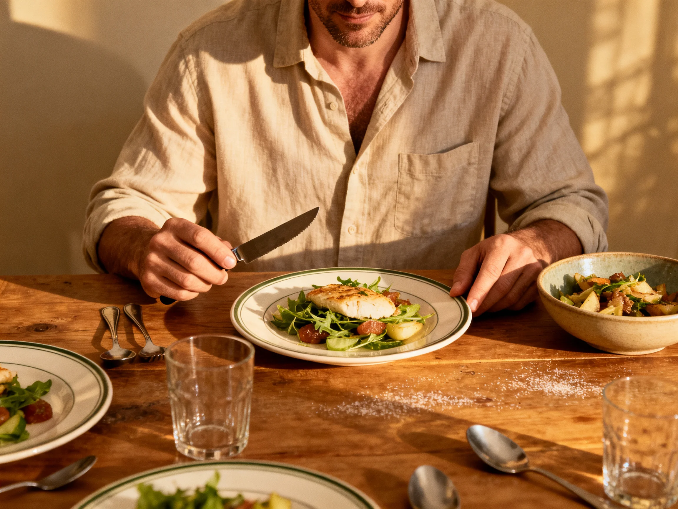 A man enjoys a meal with grilled fish and fresh salad on a rustic wooden table